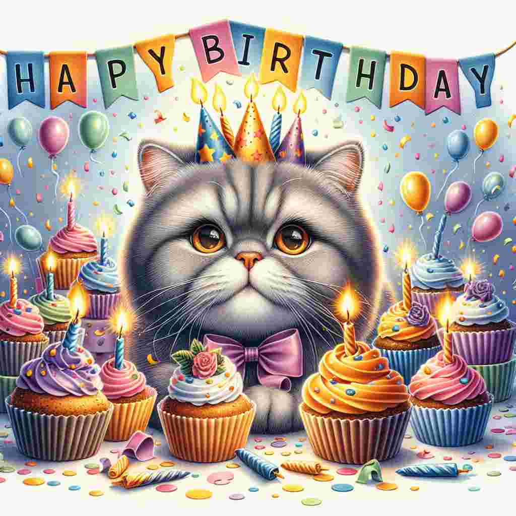 An adorable illustration on the birthday card showcases a Ukrainian Levkoy cat surrounded by cupcakes with candles and confetti. 'Happy Birthday' is written in bold, cheerful letters, complementing the festive vibe and the cat's gentle eyes.
Generated with these themes: Ukrainian Levkoy Birthday Cards.
Made with ❤️ by AI.