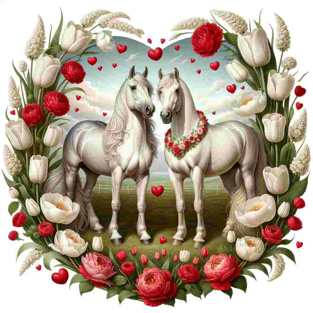 Create a picturesque Valentine's Day scenario featuring two horses in a luxuriant meadow. The horses are standing in a poised manner, displaying a touching bond. They are encircled by a splendid assortment of white tulips and lavish red roses that emphasize their harmonious interaction. The feeling of romance and love is intensified by the whimsical inclusion of hearts skillfully woven into the horses' manes and tails. This illustration truly celebrates the essence of Valentine's Day and the pervasive atmosphere of love.
Generated with these themes: Horses , White tulips , and Roses.
Made with ❤️ by AI.