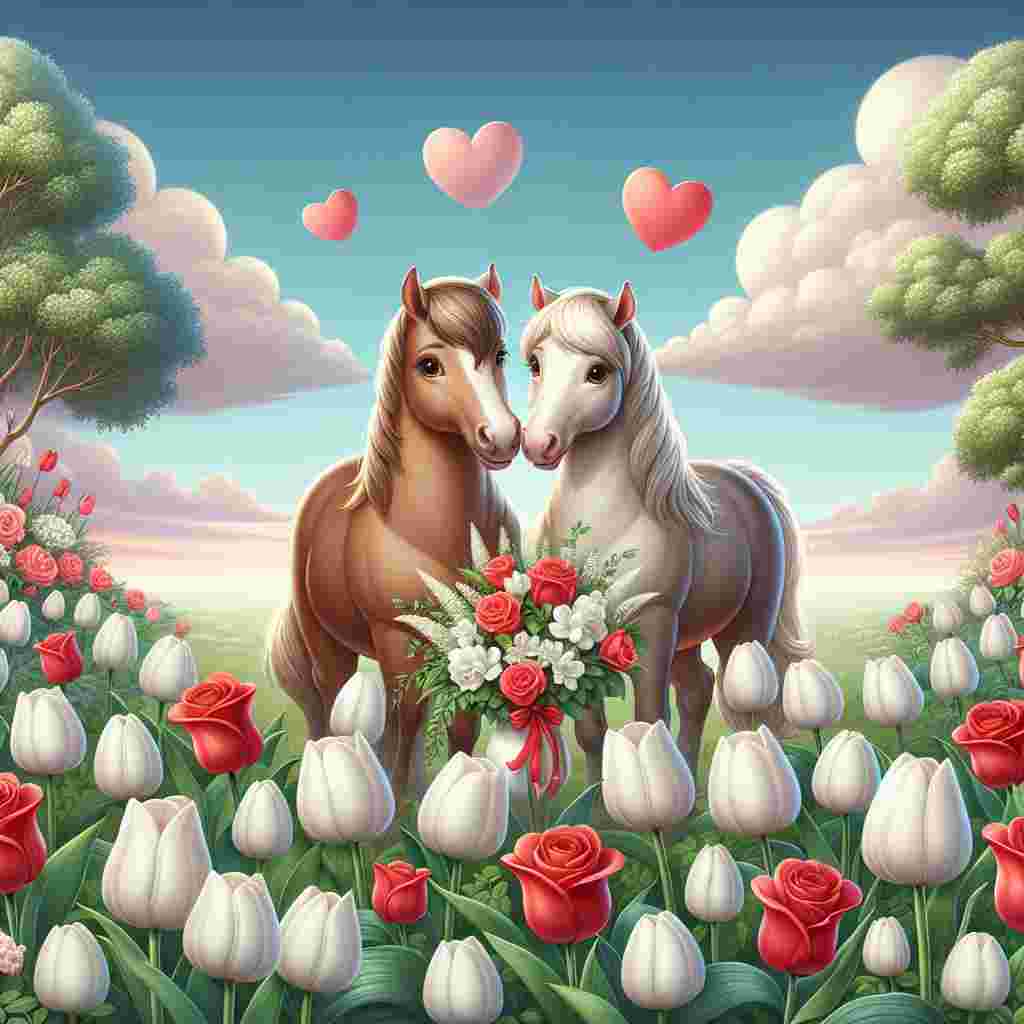 Create a lovable illustration representing Valentine's Day with a captivating scene located in a flourishing garden filled with white tulips and red roses. Include an affectionate pair of horses standing in the garden, conveying a sense of love and companionship through their soft and friendly expressions as they tenderly nuzzle each other. The backdrop should show a sky painted with soft pastel tones and have several heart-shaped clouds drifting by, contributing to the romantic mood of the image.
Generated with these themes: Horses , White tulips , and Roses.
Made with ❤️ by AI.