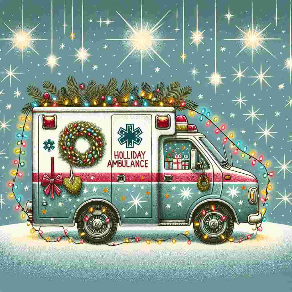 A whimsical Christmas-themed illustration depicts a festively decorated ambulance, known as 'Ambulanza albero di natale,' parked under a twinkling starlit sky. The ambulance is adorned with a string of colorful lights and a wreath, with its doors open revealing a cozy interior with gifts and a small Christmas tree.
Generated with these themes: Ambulanza albero di natale.
Made with ❤️ by AI.