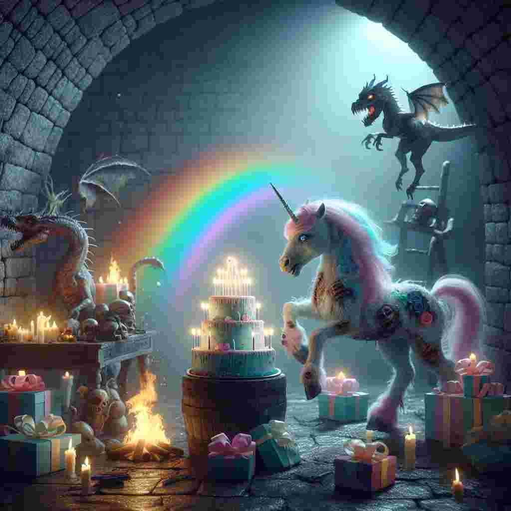 Create an image showing a slightly creepy yet enchanting birthday party set in a dungeon. In the scene, a pastel-colored unicorn, but with clear traits of a zombie, is playfully trotting around. The flickering light from the fire adds an otherworldly ambience by reflecting off the cold gray stone walls. A rainbow intriguingly threads through the dungeon, shedding a mystical light on the scene. Hidden behind a towering birthday cake ablaze with lit candles is a dragon, also resembling a zombie. Atop a stack of gift-wrapped presents, a zombie cat covered in decorative ribbons is attentively observing the uncanny spectacle.
Generated with these themes: Zombie unicorn, Zombie Dragon, Zombie Cat, Rainbow, Dungeon, Fantasy, and Fire.
Made with ❤️ by AI.