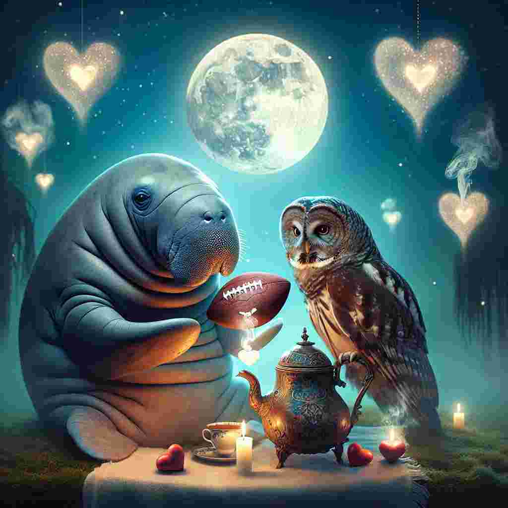 Generate a whimsical, surreal illustration reflecting the spirit of Valentine's Day. The scene includes a manatee and an owl nestled together, adorned with subtle symbolism related to American football. They are under the glorious glow of a round moon, spreading magical luminescence over the romantic scenario. The manatee tenderly hands over a tiny football, shaped like a heart, to the owl. Situated next to them is an antique teapot, with steam ascending into the form of hearts, integrating beautifully with the captivating night sky.
Generated with these themes: Manatee, Owl, NFL , and Tea.
Made with ❤️ by AI.