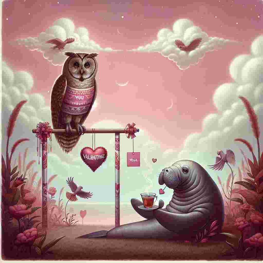 In a dreamlike Valentine's Day illustration, an owl perched atop a whimsically decorated goalpost sips tea with a manatee lounging below. The manatee holds a valentine card shaped like a tea bag, symbolizing their shared love for tea. Surrounded by a soft pink aura, the surreal landscape boasts heart-shaped clouds above, adding a touch of enchantment to this unusual romantic scene.
Generated with these themes: Manatee, Owl, NFL , and Tea.
Made with ❤️ by AI.