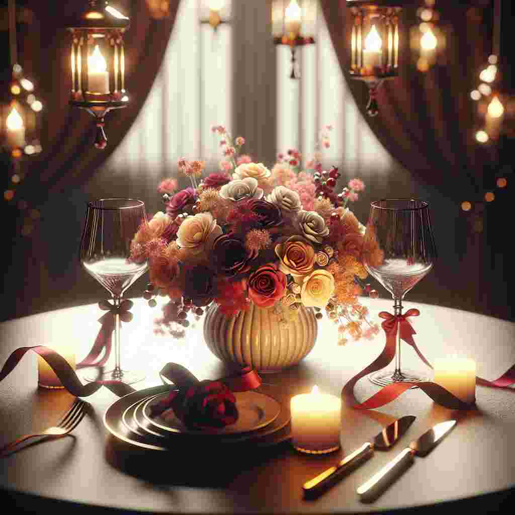 Render an enchanting Valentine's Day vignette featuring a romantic table set up for two. The table possesses a dainty vase with a bouquet of flowers in a palette of diverse colors forming the centerpiece. On either side of the centerpiece lay two sophisticated wine glasses entwined with a rich red ribbon. The scene is completed with the warm, diffused light of hanging lanterns above, realigning the setting with tender ambience and intimacy.
Generated with these themes: wine, flowers.
Made with ❤️ by AI.
