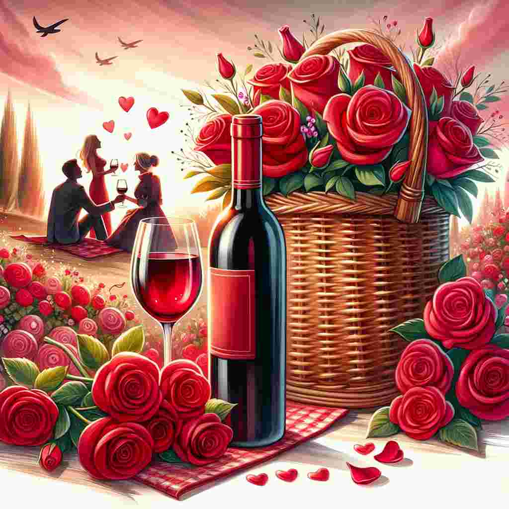 A whimsical illustration capturing the spirit of Valentine's Day. A bottle of vibrant red wine is nestled comfortably within a picnic basket, neighboring a bouquet of blooming, vivid red roses. This delightful scene unfolds under a crystal clear sky that is subtly touched by shades of pink. In the distant background, couples of varied descents and genders can be spotted, sharing joyful smiles and raising their wine glasses in a toast. The atmosphere is filled with warmth, love, and the enchanting allure of celebration.
Generated with these themes: wine, flowers.
Made with ❤️ by AI.