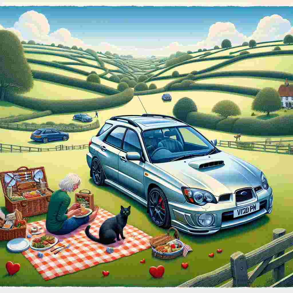 A captivating illustration representing Valentine's Day, situated in the serene English countryside characterized by its undulating green fields under a gentle blue sky. Right in the middle, a polished silver Subaru Impreza Estate car is stationed next to a checkered picnic blanket. On the blanket, a couple made up of a Middle Eastern man and Caucasian woman, indulges in a romantic picnic. An endearing sight unfolds as a playful black cat nestles against a hamper brimming with delectable food, lending a cute element to this peaceful locale. Hearts cleverly embedded within the landscape allude to the Valentine's theme.
Generated with these themes: Silver Subaru Impreza Estate, English fields and countryside, Black cat, and Picnic.
Made with ❤️ by AI.