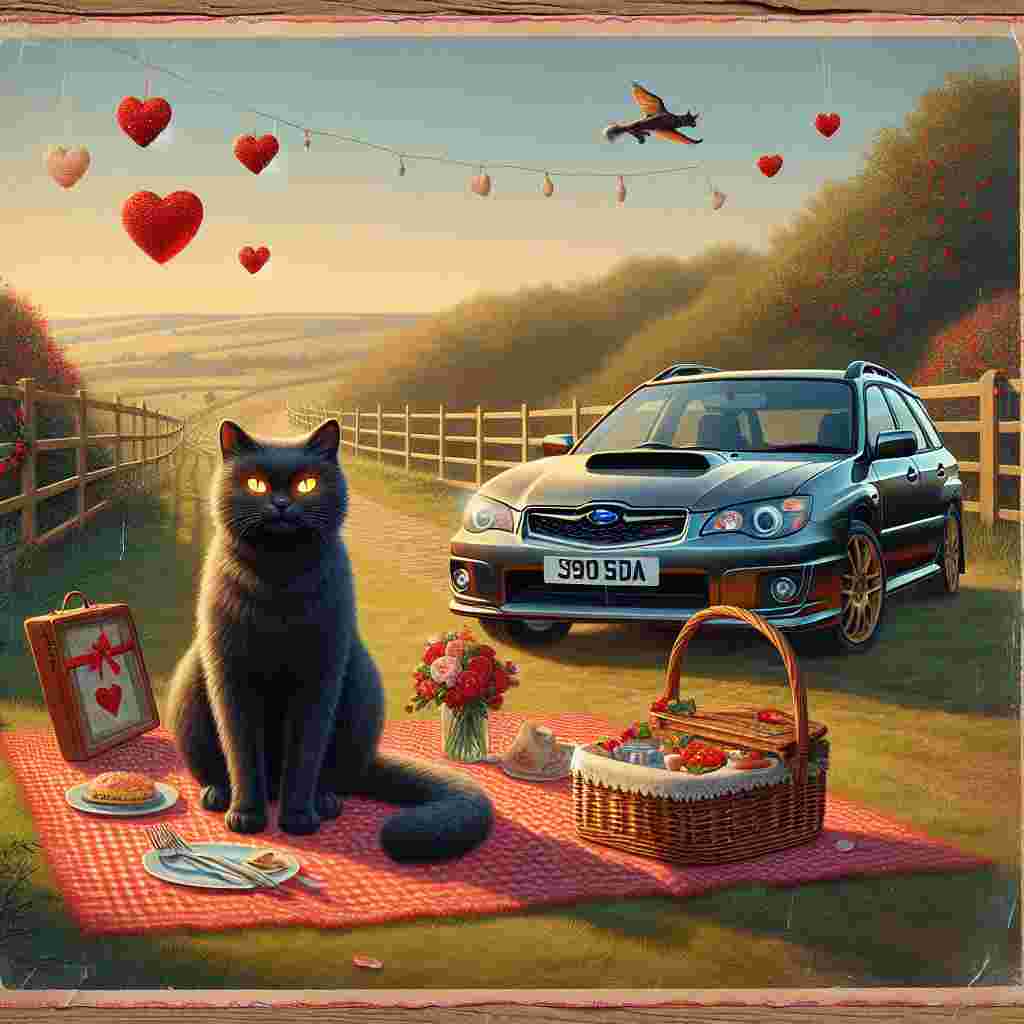 Craft an endearing Valentine's Day illustration set in the tranquil beauty of English countryside. There's a sleek silver Subaru Impreza Estate parked at its outskirts. Not far away, a well-arranged picnic sits on a classic red and white checkered blanket. Savoring the scene, a majestic black cat with luminescent eyes perches confidently on the vehicle's bonnet, ruler of its own rural domain. With Valentine's decorations subtly integrated into the countryside charm, evoke an ambiance of love and warmth that lingers long after the image is seen.
Generated with these themes: Silver Subaru Impreza Estate, English fields and countryside, Black cat, and Picnic.
Made with ❤️ by AI.