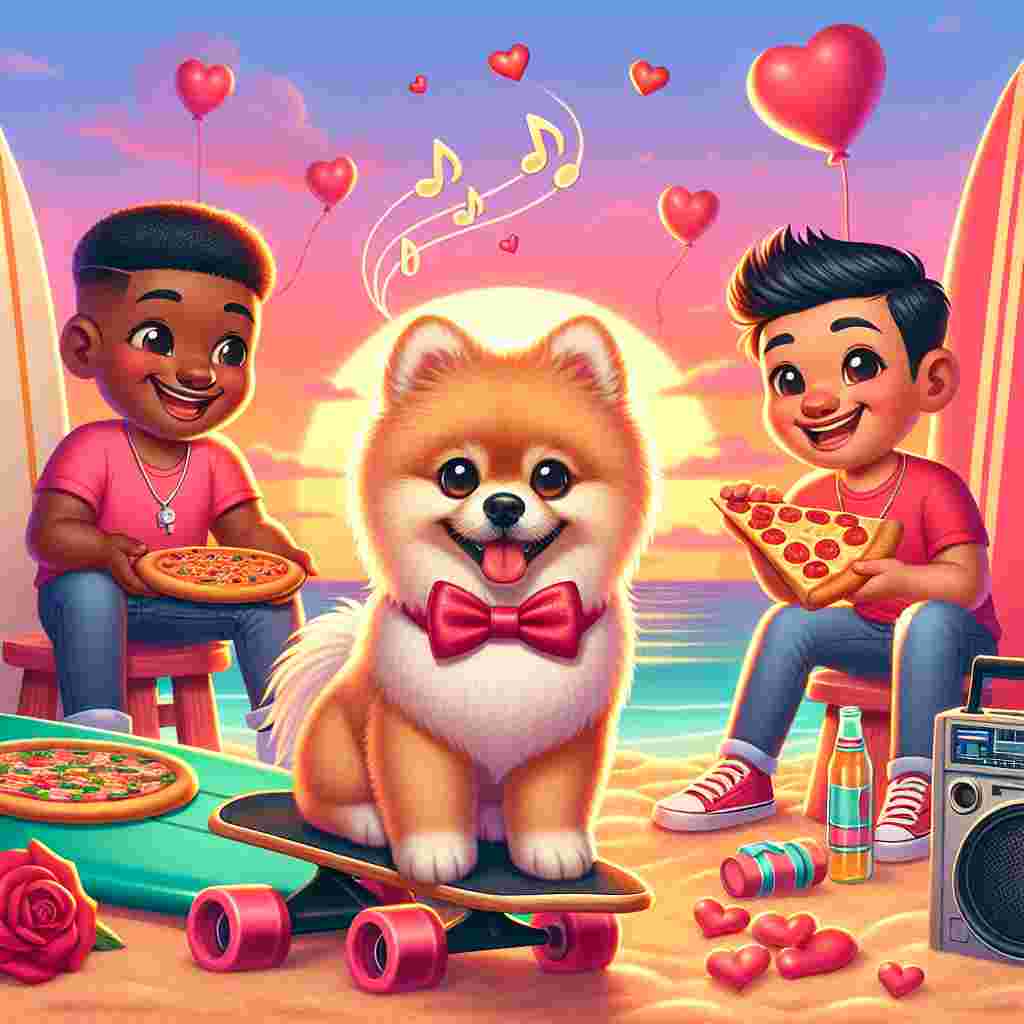 Create a heartwarming Valentine's Day scene where a Pomeranian, adorned with a small bow tie and standing on a skateboard, is surrounded by two cheerful brothers, one Hispanic and one Caucasian. The backdrop is a vibrant sunset at a beach where surfboards are resting in the sand. Each brother is holding a slice of pizza, signifying their shared passion for the sport and their affection for the dog. Add in floating musical notes originating from a nearby boombox, providing a lively music track to their coastal celebration.
Generated with these themes: Skateboarding, Surfing, Pomeranian, Sons, Music, and Pizza.
Made with ❤️ by AI.