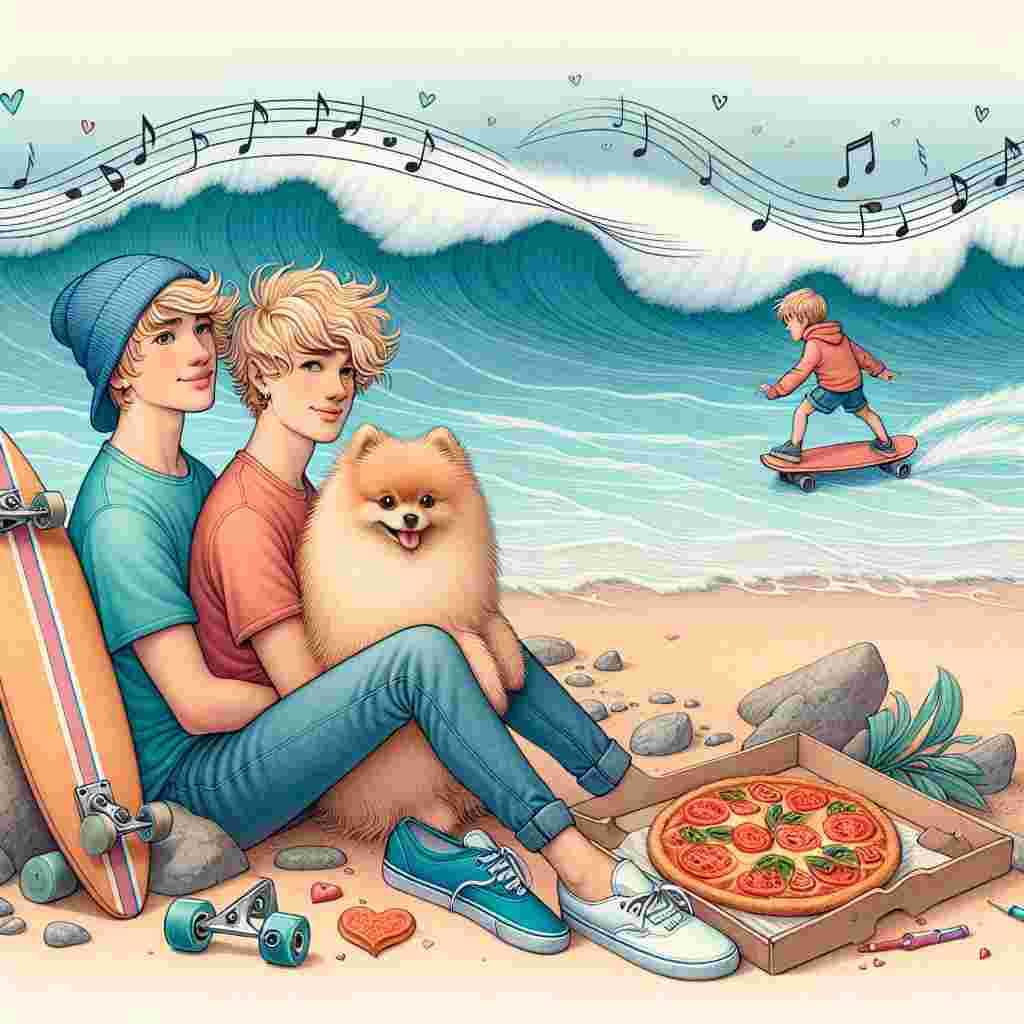 Create a whimsical Valentine's Day illustration of two Caucasian boys and their fluffy Pomeranian pup, enjoying a heart-shaped pizza on a sandy beach. The boys are dressed in casual surf clothes and skateboards are rested closeby, indicating a day filled with both sea surfing and street skating. In the far-off background, the ocean waves are drawn with music notes gracefully floating in the air, highlighting their passion for music and the rhythmic flow of their daring escapades.
Generated with these themes: Skateboarding, Surfing, Pomeranian, Sons, Music, and Pizza.
Made with ❤️ by AI.