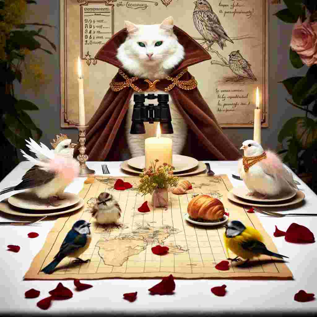 A whimsical Valentine's Day depiction featuring a white cat adorned with attire befitting a poised dungeon master commands a unique birdwatching event, a pair of binoculars casually draped around its neck. It brilliantly directs a scene where avian companions, dressed in tiny capes and regal crowns, relish a grand feast at a meticulously arranged dining table. The table surface, naturally embellished with the warm glow of candles and a scattering of delicate flower petals, transforms into an unexpected D&D game terrain, thus injecting an intriguing hint of romantic escapade into the proceedings.
Generated with these themes: White cat, Birdwatching , Dungeons and dragons , and Fine dining .
Made with ❤️ by AI.