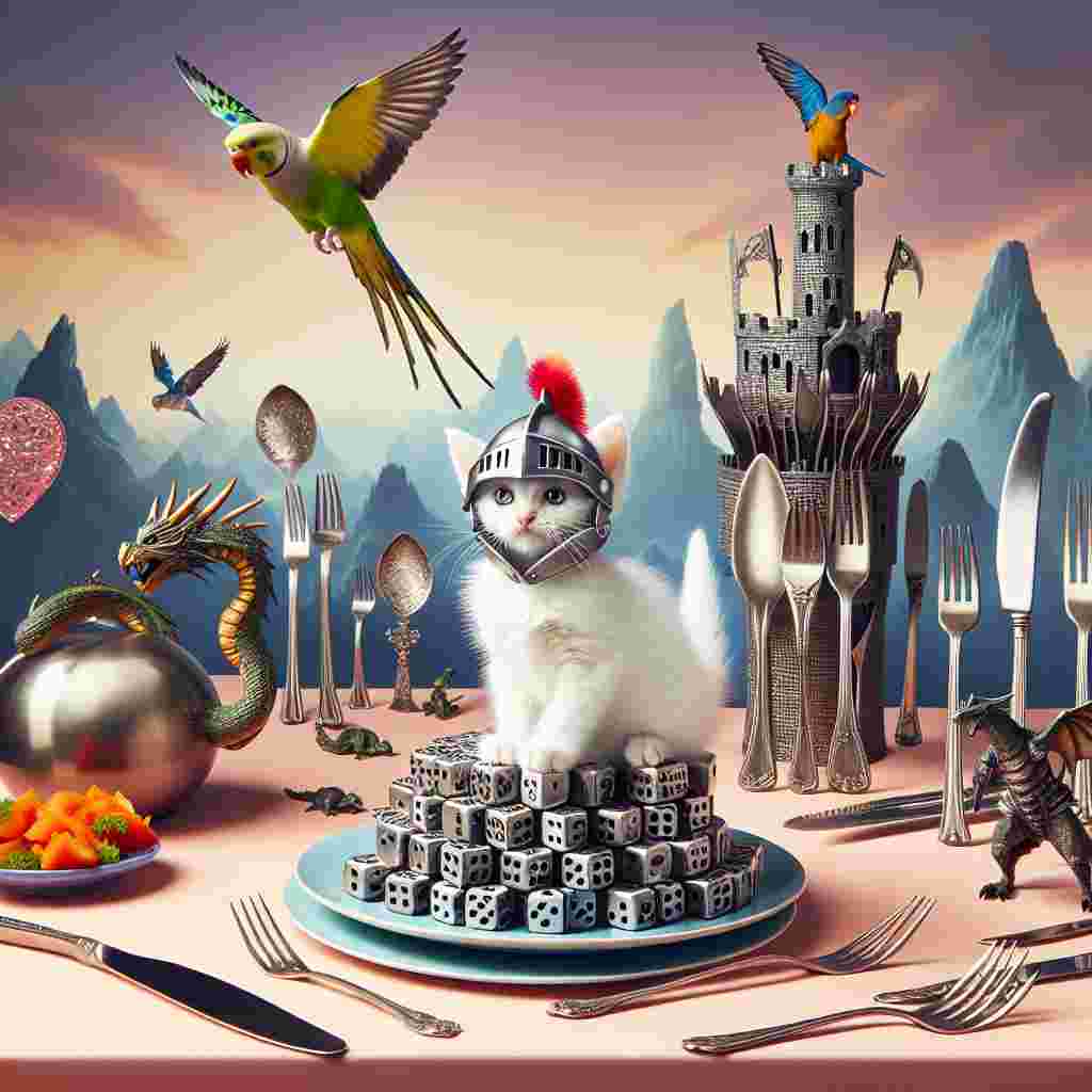 A domestic white kitten, sporting a petite knight's helmet, presides over a fanciful scene inspired by the game Dungeons and Dragons, with the landscape consisting of fine dining cutlery. The kitten is majestically perched on a dice tower intricately crafted from forks and knives. Parakeet companions, cleverly playing the dragon characters, soar in the sky above. Serving as an enchanting backdrop are heart-shaped serving dishes, lending a touch of romance reminiscent of Valentine's Day to the enchanting tableau.
Generated with these themes: White cat, Birdwatching , Dungeons and dragons , and Fine dining .
Made with ❤️ by AI.