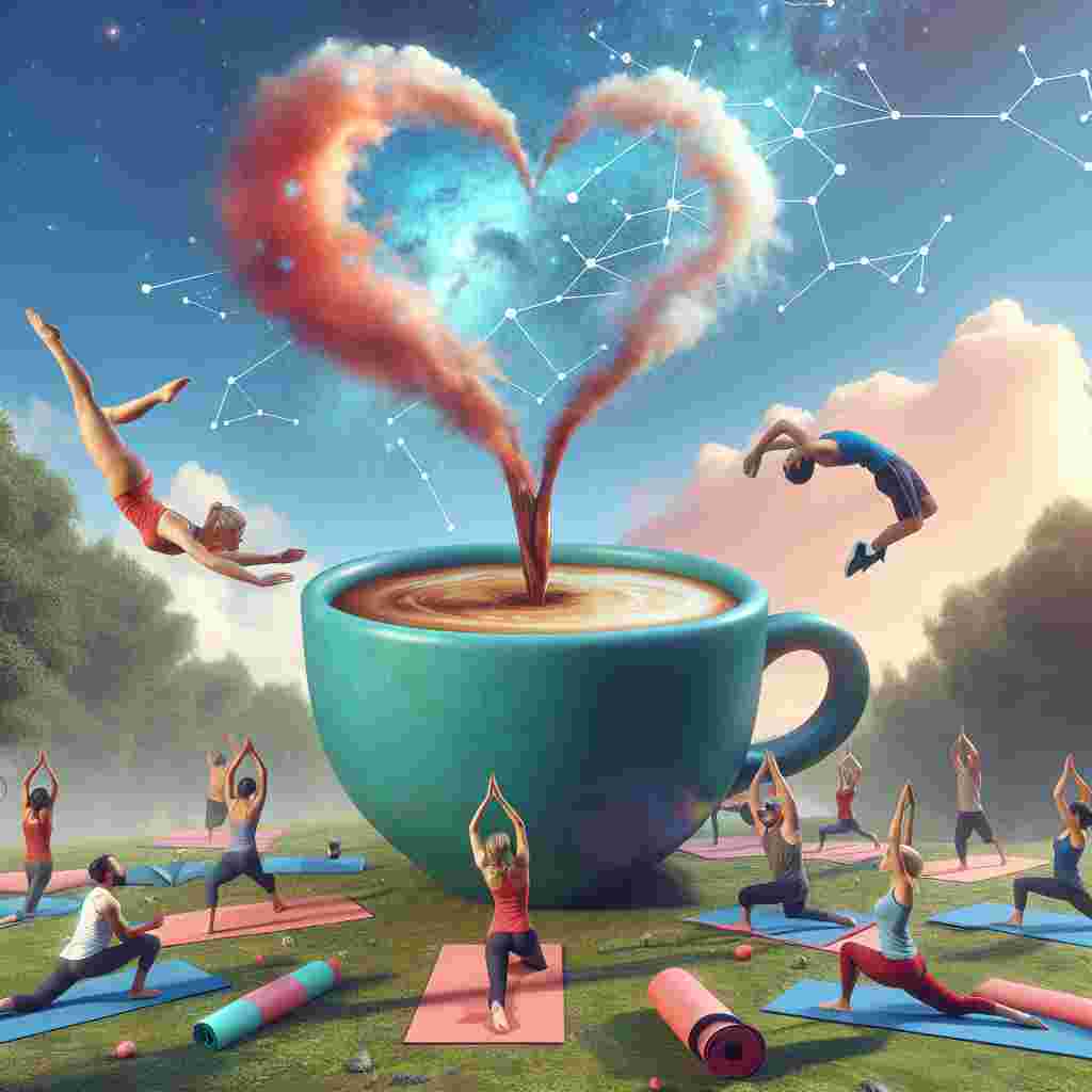 Imagine a surrealistic park scene where a huge coffee cup acts as a fountain, pouring out lush espresso. On floating heart-shaped mats, pairs of fitness enthusiasts of varied descents and genders, engage in acrobatic yoga. In a sky painted with soft pastel colors, a constellation forms the image of a runner, contributing to the overall serene and dreamlike atmosphere of the scene.
Generated with these themes: Gym, Running, and Coffee.
Made with ❤️ by AI.