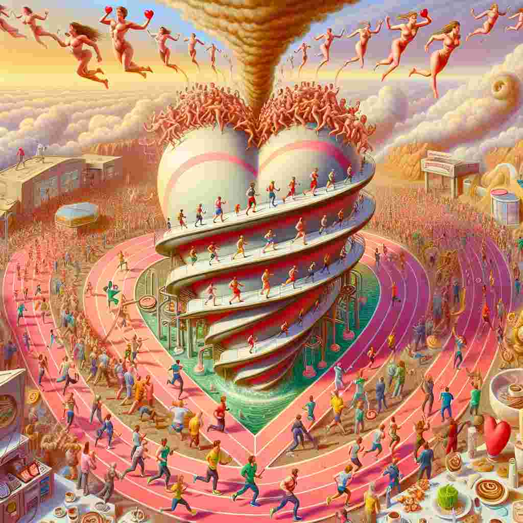Imagine a mesmerizing fantasy scenario in which a heart-shaped gym is situated at the heart of the scene, pulsating vibrantly with energy. Couples of diverse descents and genders, dressed in athletic attire, are fervently running on a track that intriguingly spirals up into the sky, epitomizing their infinite journey of love. Precariously hovering above, there is an unusual river of steaming coffee, and its aromatic mist intriguingly morphs into playful cherubs who are encouraging the runners below. The entire atmosphere is suffused with positive energy and affectionate warmth, creating a wholesome and inspiring tableau.
Generated with these themes: Gym, Running, and Coffee.
Made with ❤️ by AI.
