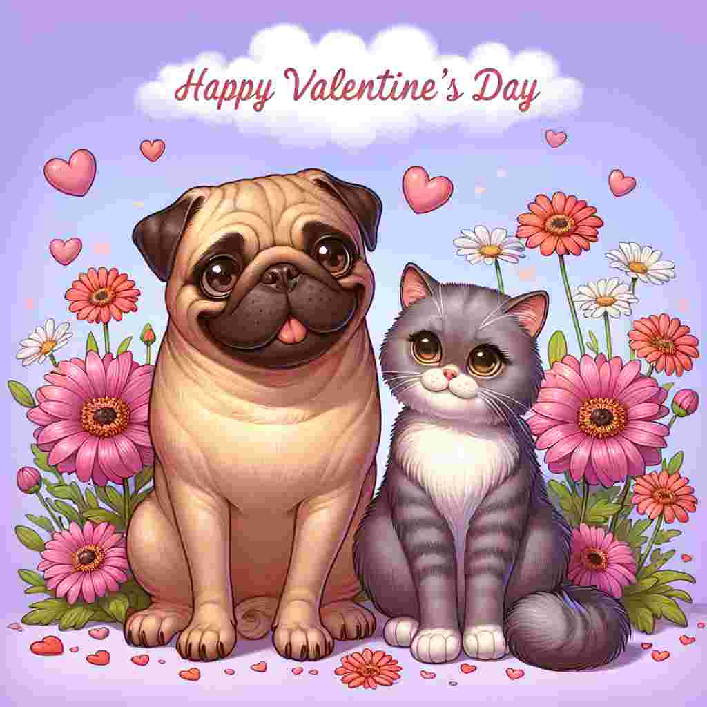 Create an endearing Valentine's Day scene featuring a brown pug with an expression of being smitten. The dog is sitting next to a well-groomed British Shorthair cat. The surrounding environment is filled with beautiful, vibrant daisies. The sky overhead is of a soft lilac shade, providing a gentle, placid backdrop for the duo. The atmosphere depicts a loving connection between the two pets that strongly resonates with the spirit of Valentine's Day. The illustration should be done in a cute and charming cartoonish style.
Generated with these themes: Brown pug, Daisies, Smiley face, Lilac, and British short hair cat.
Made with ❤️ by AI.