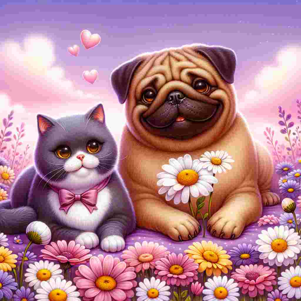 Create an adorable scene featuring a lovable brown pug and a refined British Shorthair cat. They're comfortably nestled in a vibrant field teeming with blooming daisies set under a dreamy, lilac-colored sky. Evoking a sense of romance, hearts lightly float above them while the pug, with a gesture of love, presents a single daisy to the cat. Both are characterized by large, warm smiley faces drawn on their cheeks, adding to the ambiance of sweetness, making it an ideal representation of Valentine's Day.
Generated with these themes: Brown pug, Daisies, Smiley face, Lilac, and British short hair cat.
Made with ❤️ by AI.