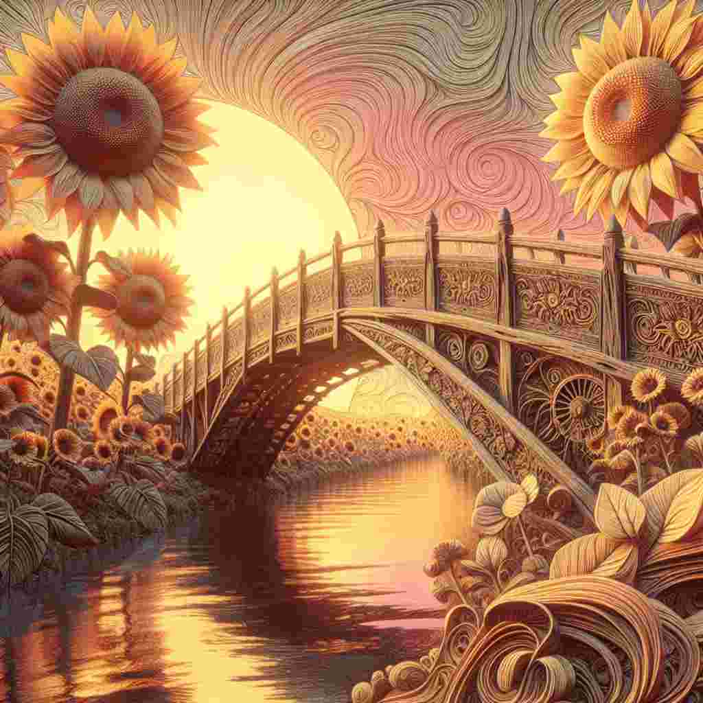 Create an abstract image that signifies affection. The scene is set under a Valentine's day sun which makes the sunflowers blush, their golden faces dancing and turning towards light in a display of natural beauty. A bridge crafted from old and intricately worked wood symbolizes enduring love, arching over a peaceful river reflecting the sky's pastel colors. The wooden railings feature engravings that weave love with the steadfastness of nature, mimicking the whispers of an everlasting romance.
Generated with these themes: Sunflowers, Bridges , and Woodwork.
Made with ❤️ by AI.