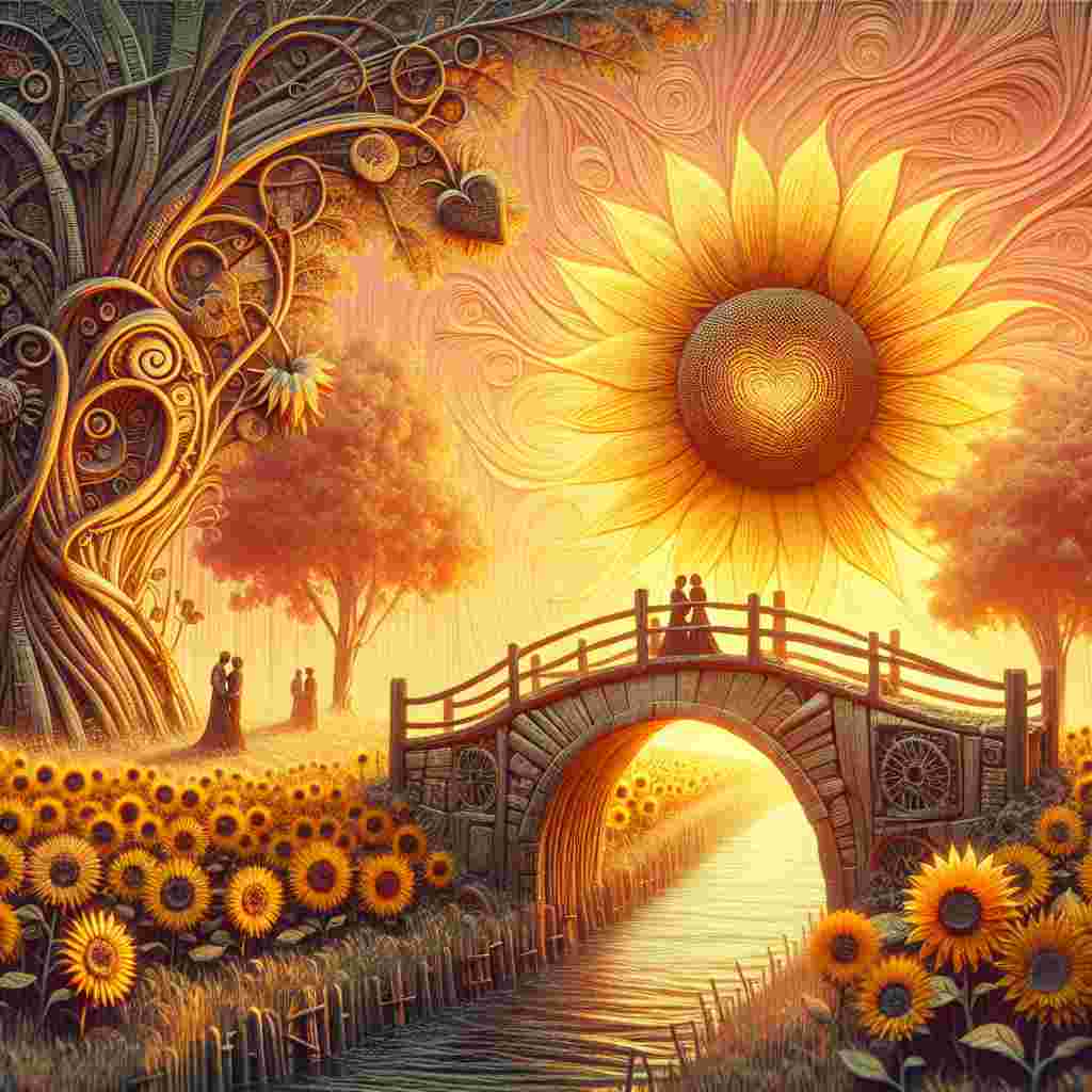 Create a whimsical Valentine's day scene with an abstract twist. The centerpiece of this image is a sunflower-filled meadow radiating warmth and joy due to their vibrant yellow colors. Woven into these stems are couples in sanctuary, admiring the gentle sunset glow. A rustic wooden bridge arches over a babbling brook, serving as a metaphor for the connection between hearts. The bridge features intricate woodwork carvings representing love and companionship, inviting those in love to etch their initials in the enduring wood.
Generated with these themes: Sunflowers, Bridges , and Woodwork.
Made with ❤️ by AI.