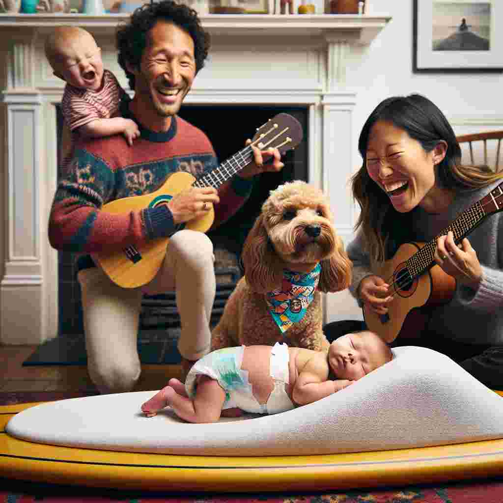 A lively scene unfolds in a warmly lit room where joy is the primary sentiment. A Cockapoo, adorned with a colorful bandana and sporting a diaper, stands dutifully next to a paddleboard that has been cleverly repurposed into a cradle. Hilariously, the playful dog appears to take its role as 'guard dog' very seriously. A Caucasian toddler, with a toddler-like knack for making music, tenderly strums a toy guitar, attempting to serenade the peacefully sleeping newborn in the cradle. Adding a charming touch to the scene, the mantle above the fireplace showcases an amusing mix of baby bottles and wine glasses, highlighting the humorous blend of mature and baby spheres. An Asian mother and Black father, relishing the joyful pandemonium of parenthood, exchange meaningful smiles, finding peace and satisfaction in their bustling family scene.
Generated with these themes: Cockerpoo, Paddleboard, Guitar, Toddler, and Wine.
Made with ❤️ by AI.