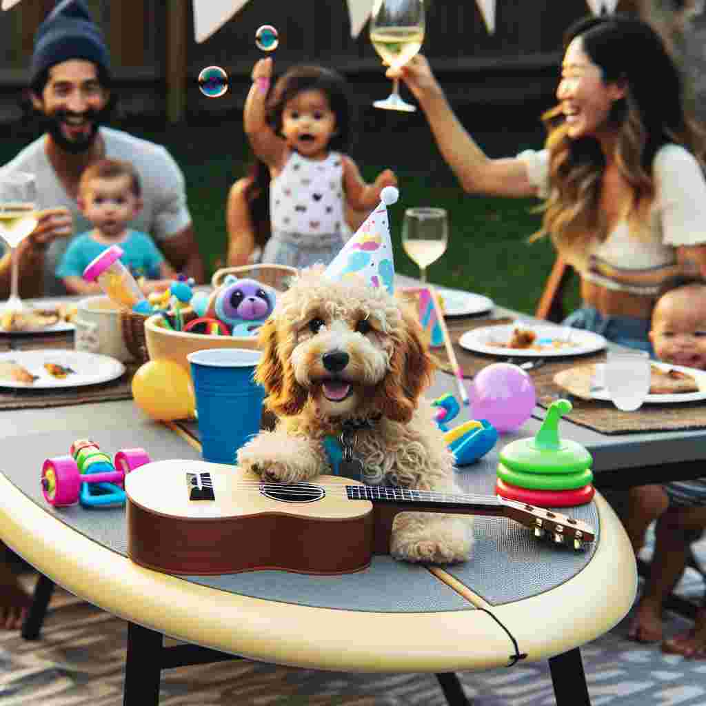 Imagine a whimsical scene where a cheerful Cockerpoo, wearing a tiny party hat, is sitting next to a paddleboard transformed into a serving table. The highlight of the table is a small guitar, surrounded by child-friendly toys and sippy cups. In the background, a South Asian toddler, who is the older sibling of the dog, runs around gleefully, chasing bubbles in the air. Nearby, a group of adults of various descents and genders are holding wine glasses and toasting in celebration of the joyous family occasion.
Generated with these themes: Cockerpoo, Paddleboard, Guitar, Toddler, and Wine.
Made with ❤️ by AI.