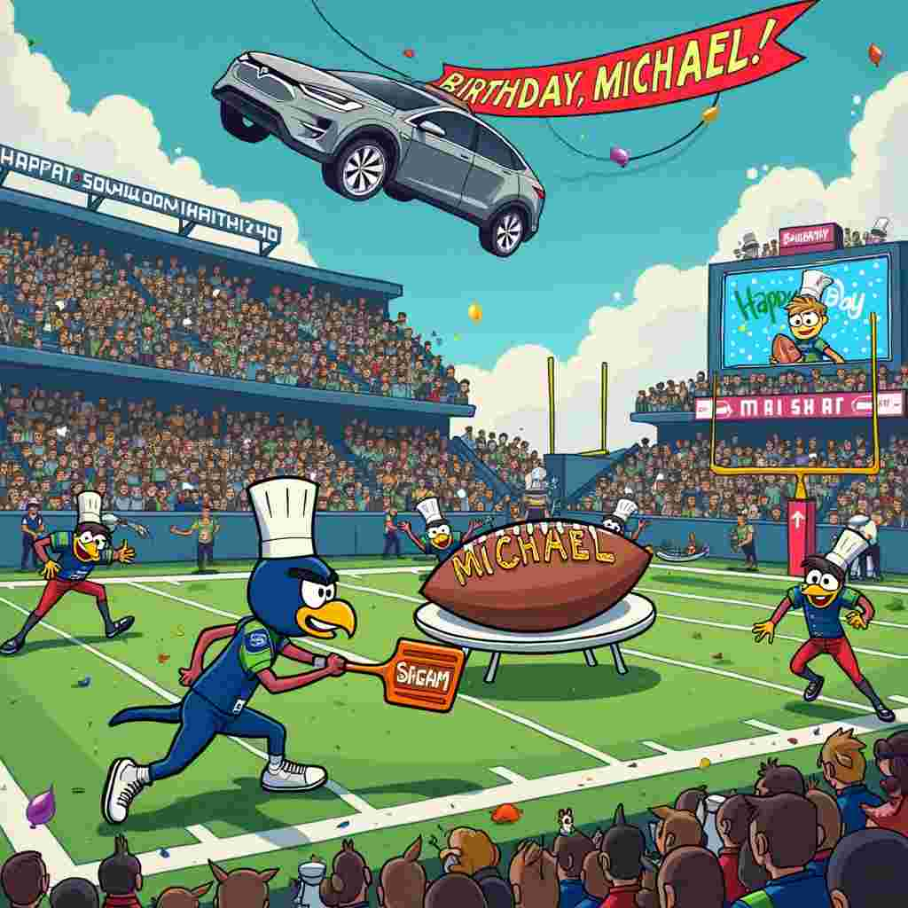 In a bustling stadium filled with cheering fans, a cartoon scene unfolds where the elements of Seahawks, football, cooking, and Tesla seamlessly merge. The central focus is a vibrant football field where two animated teams are in the middle of an epic game. On one side, a comical version of the Seattle Seahawks' mascot, Blitz the Hawk, is decked out in a chef's hat and apron, holding a giant spatula as he rushes down the field with a football that's been cleverly transformed into a sizzling skillet full of bacon and eggs. 

On the other side, a group of defenders resembling animated cooking utensils – a whisk, a spatula, and a frying pan – are trying to stop Blitz, each with exaggerated expressions of determination. Above the field, in the sky, a sleek, futuristic Tesla car hovers like a drone, with animated football fans cheering from its windows. The Tesla is connected to a flying banner reading "Happy Birthday Michael!" in bold, colorful letters that seem to sparkle in the sunlight.

In the background, the stadium’s scoreboard shows a dynamic comic strip where a team of animated chefs, all wearing Seahawks jerseys, are preparing a giant birthday cake shaped like a football. The cake, sitting on a huge silver platter, has "Michael" written in frosting with tiny footballs and kitchen utensils decorating the edges.

To the left of the field, a section of the stands is filled with cartoon characters resembling famous chefs and football legends, all waving and holding up signs that say “Go Michael!” and “Happy B-Day!” The scene is bustling with tiny details like balloons in Seahawks colors, confetti falling from above, and small, playful animals like squirrels and birds in chef hats sneaking bites from the birthday cake.

Every element is animated with a mix of vibrant colors and whimsical details, creating a lively, humorous scene that perfectly blends the themes into a quirky, celebratory greeting card for Michael’s birthday.
Generated with these themes: Seahawks , Football, Cooking, and Tesla.
Made with ❤️ by AI.