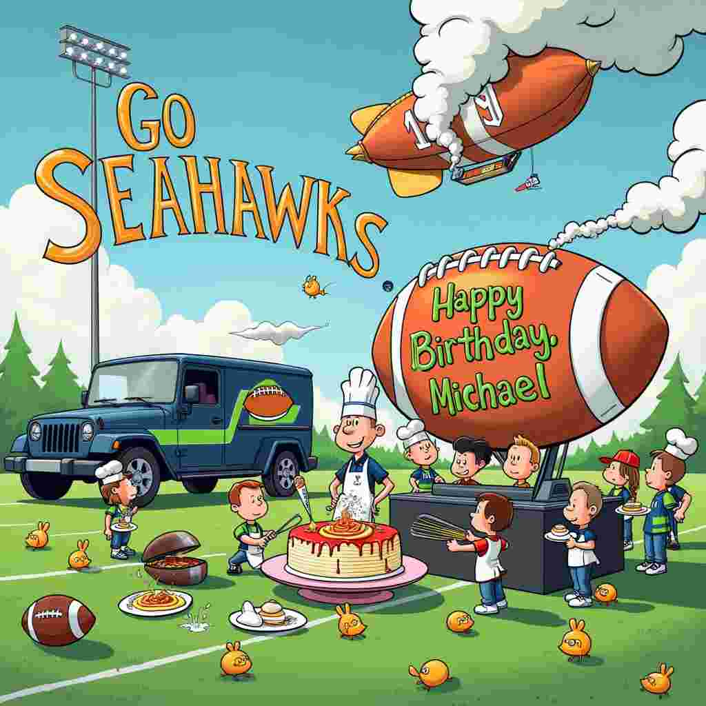 In the front cover of the birthday greeting card, imagine a lively, bustling scene that harmoniously blends the themes of Seahawks football, cooking, and Tesla into one whimsical and humorous tableau, akin to the creative complexity of Bill Watterson or the intricate detail of Hergé.

At the center of the scene, standing proudly on a bright green football field, is a gigantic, grinning birthday cake shaped like a football, with "Happy Birthday, Michael!" written in colorful icing on its side. The cake is being decorated by none other than a cartoonish Pete Carroll, the Seattle Seahawks' coach, who is wearing a chef’s hat and apron. He's holding a piping bag filled with icing in the Seahawks’ colors—blue, green, and silver.

Surrounding the cake, several Seahawk players are involved in a hilarious, yet coordinated cooking operation. Russell Wilson is flipping pancakes shaped like footballs on a grill, while DK Metcalf is juggling eggs and footballs, trying to balance them on a platter. Tyler Lockett is stirring a giant pot of spaghetti sauce, with noodles flying around, and Bobby Wagner is using a whisk to mix a batter in a helmet.

Off to the side, a sleek Tesla Cybertruck, painted in the Seahawks’ colors, is parked with its door open. From it, you can see smoke and comical sparks flying out, as if it’s being used as a high-tech oven. A line of cartoon football fans, wearing chef hats and Seahawks jerseys, are queued up, eagerly waiting for their culinary creations to come out of the Cybertruck-turned-oven.

In the sky above the scene, the name "Michael" is whimsically spelled out in puffy, white clouds, with a couple of small, mischievous birds (reminiscent of Woodstock from Peanuts) fluttering around, ensuring the letters stay in place. A blimp, in the shape of a giant hotdog, hovers nearby with a banner trailing behind it that reads "GO SEAHAWKS" in big, bold letters.

On the ground, scattered around the field, are various footballs and cooking utensils—mixing bowls, spatulas, and whisks, all adding to the playful chaos. In one corner, a mini-scoreboard reads “Cooking Time: 12:00, Seahawks vs. Food.”

Finally, in the background, the iconic Space Needle can be seen with a giant chef's hat on top, adding a touch of Seattle charm to the whole scene. The entire setup is a joyful, bustling confluence of football frenzy, culinary creativity, and cutting-edge technology, all brought together to celebrate Michael's birthday in a uniquely unforgettable way.
Generated with these themes: Seahawks , Football, Cooking, and Tesla.
Made with ❤️ by AI.