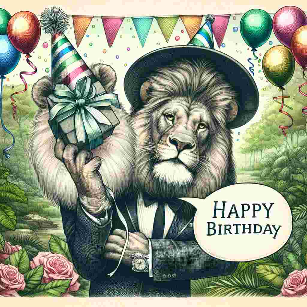 A handsome, sketched lion with a party hat roars 'Happy Birthday' in a speech bubble, amid a jungle of birthday balloons and streamers. With a gentle and inviting smile, the kingly beast presents a small wrapped gift, adding a touch of regal delight to the boyfriend-themed birthday scene.
Generated with these themes:   for boyfriend.
Made with ❤️ by AI.