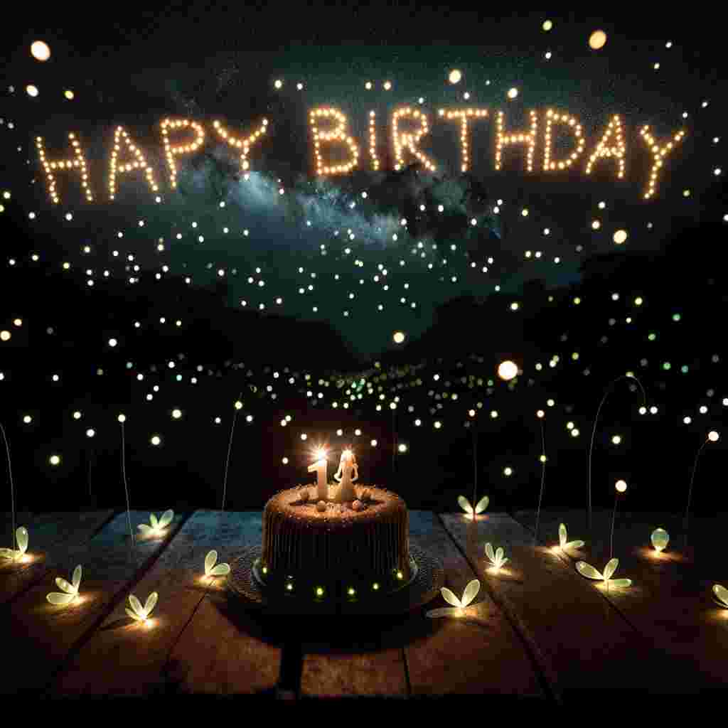 A night sky brims with the glow of fireflies that take the shape of stars, spelling out 'Happy Birthday' in a whimsical display. Below, a quaint wooden table holds a birthday spread with miniature fairy lights and a small cake with two figures resembling the boyfriend and his partner, adding an enchanting and intimate touch to the celebration.
Generated with these themes:   for boyfriend.
Made with ❤️ by AI.
