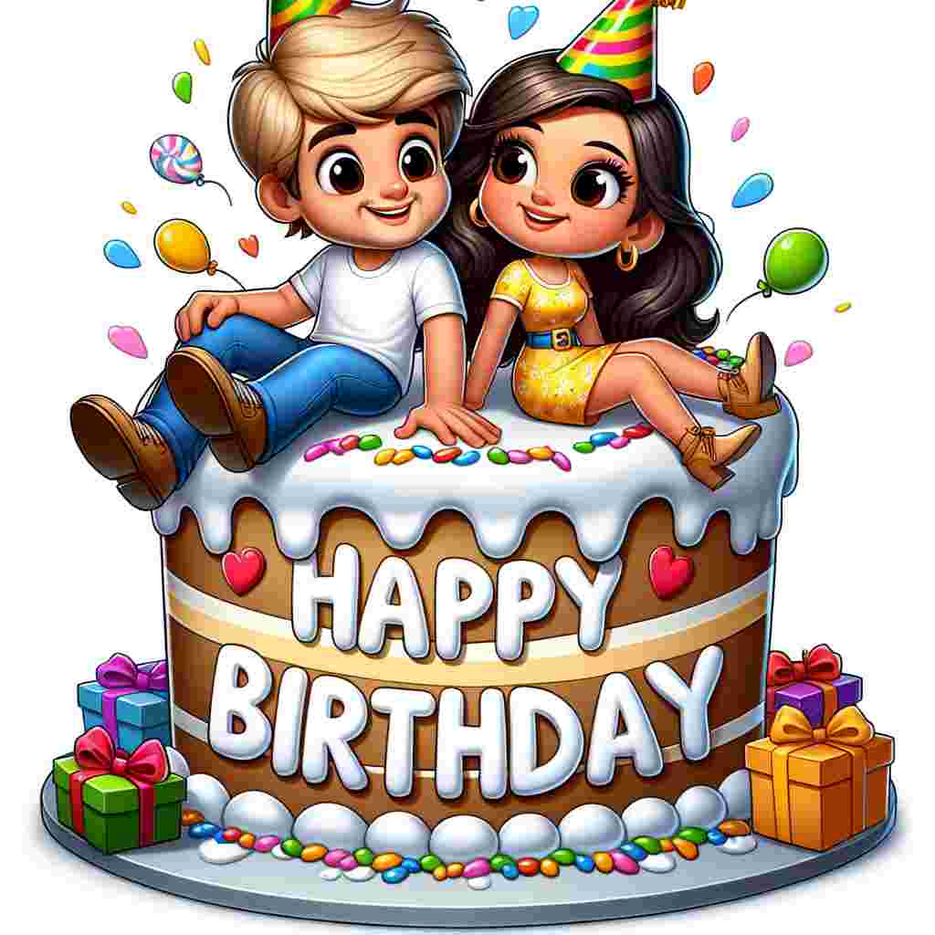 In this playful illustration, a cartoon couple sits atop a giant, vibrantly frosted birthday cake, legs swinging cheerfully over the edge. Colorful party hats and a scattering of gifts set a festive mood, while 'Happy Birthday' is spelled out in icing along the cake's circumference, creating an endearing scene for a boyfriend.
Generated with these themes:   for boyfriend.
Made with ❤️ by AI.