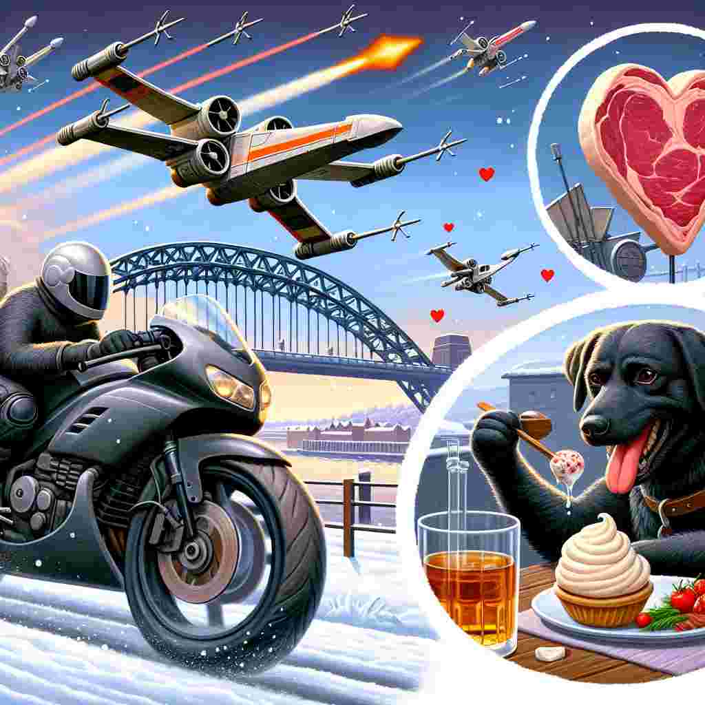 Detail a comical Valentine's Day scene featuring a Black Labrador as the main character. Initiate with a depiction of the Labrador joyfully riding a sports motorbike across a winter landscape with snow. Capture a background characterized by the iconic Tyne Bridge, paired with an X-wing flying in the sky, adding a dash of fantasy. Transition to a calmer sequence, illustrating the Labrador enjoying a whiskey, perhaps warming up from the cold atmosphere. Add a symbol of love high in the sky, a heart-shaped steak that adds an aspect of cupid. To finish this unique combination, portray an autonomous dome-headed robot delighting in a vanilla ice cream cone, directly adding to the celebratory mood.
Generated with these themes: Black Labrador riding sports motorbike, Black Labrador drinking Whiskey, Tyne bridge, X wing, Snow, Heart shaped steak in sky, and R2-D2 eating vanilla ice cream.
Made with ❤️ by AI.