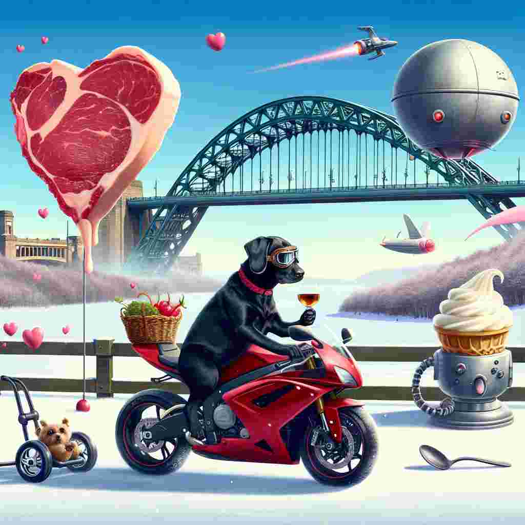 Imagine a whimsical Valentine's Day themed scene. A playful Black Labrador sporting a helmet and goggles is riding a shiny red sports bike against a snowy landscape. In the distance, the monumental Tyne Bridge stands proudly against a clear blue sky. Instead of a recognizable spaceship, picture a playful, non-specific flying object adding to the oddity of this scenario. The Labrador takes a unique pause, sipping a glass of whiskey, as a succulent heart-shaped steak whimsically floats above in the sky. Alongside, a round robotic entity is enjoying a slowly melting vanilla ice cream, adding further joy and festivity to the scene.
Generated with these themes: Black Labrador riding sports motorbike, Black Labrador drinking Whiskey, Tyne bridge, X wing, Snow, Heart shaped steak in sky, and R2-D2 eating vanilla ice cream.
Made with ❤️ by AI.