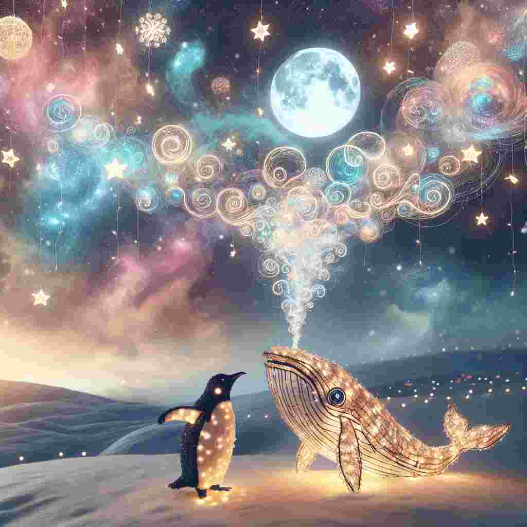 In a snowy expanse that stretches to the horizon, a luminous penguin made of twinkling fairy lights waddles beside an astral whale, each breath of the whale transforming into a cloud of glittering stars. Overhead, a sky of swirling pastel colors frames a floating Christmas banquet, complete with a pudding-shaped moon.
Generated with these themes: Penguin, and Whale.
Made with ❤️ by AI.