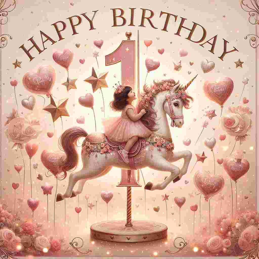 The illustration shows a whimsical scene with a baby girl riding a carousel unicorn, surrounded by floating hearts and stars in shades of pink and gold. A bold '1' is integrated into the design on the unicorn's saddle, with the words 'Happy Birthday' in elegant script encircling the merry-go-round.
Generated with these themes:   for 1 year old baby girl.
Made with ❤️ by AI.