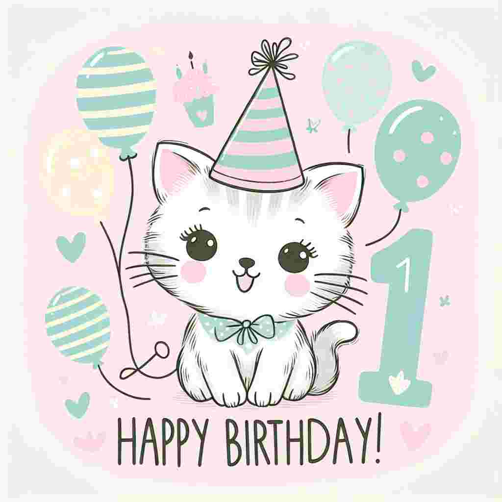 A charming birthday illustration for a 1-year-old girl featuring soft pastel colors, with a central image of a playful kitten wearing a party hat. Balloons and a number '1' are artistically dispersed around the kitten, with the text 'Happy Birthday' in child-friendly, bubbly font at the top of the scene.
Generated with these themes:   for 1 year old baby girl.
Made with ❤️ by AI.