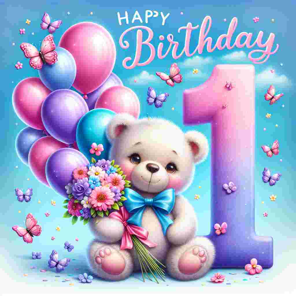 An adorable teddy bear holds a bouquet of balloons in various shades of pink and purple, with butterflies gently landing on the balloons. A large, cheerful '1' is placed beside the bear, and the text 'Happy Birthday' is written in a fun, kid-friendly font across the sky.
Generated with these themes:   for 1 year old baby girl.
Made with ❤️ by AI.