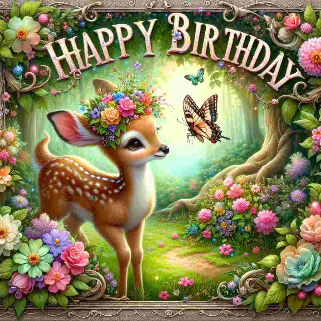 This birthday scene depicts a fairy-tale garden with a cute baby deer adorned with a flower garland, gazing at a fluttering butterfly. Lush greenery and flowers frame the picture, with 'Happy Birthday' spelled out in a playful, magical typeface hovering above. A prominent '1' is nestled in the garden, indicating the child's age.
Generated with these themes:   for 1 year old baby girl.
Made with ❤️ by AI.