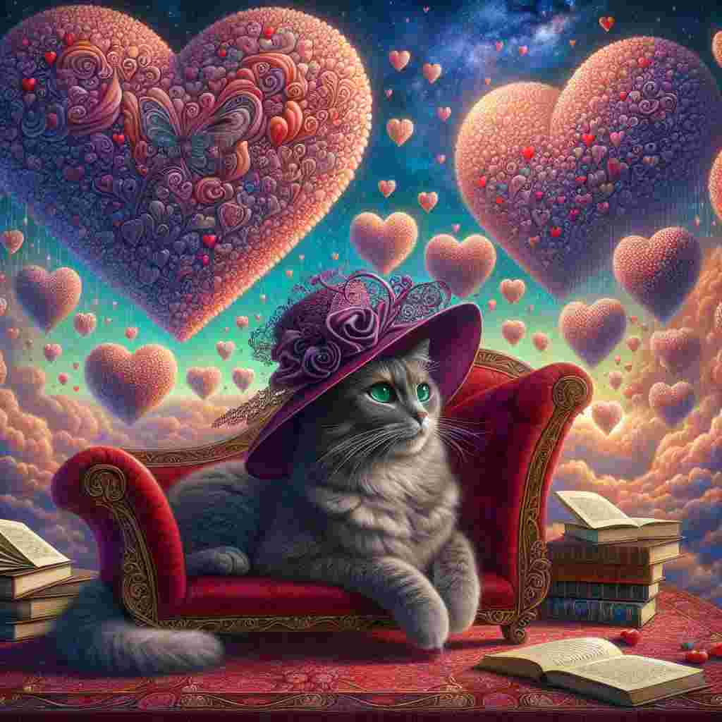 In a whimsical world, visualize a multitude of heart-shaped clouds that occupy the sky, resembling a gigantic bouquet. In conjunction with this, picture a plush gray cat laid out luxuriously on a deep red chaise. It adorns a lavishly crafted purple hat with detailed lacework, slightly tilted casting a mystic shadow over its vibrant green eyes. Around the cat, imagine volumes of floating books, their pages fluttering like butterfly wings, and inked with romantic verses. At the cat's reach, a canvas springs up showcasing a captivating artwork of a valentine's date involving two feline silhouettes under a surreal starscape that twinkles with an otherworldly charm.
Generated with these themes: Fluffy cat , Purple hat , Drawing , and Books .
Made with ❤️ by AI.