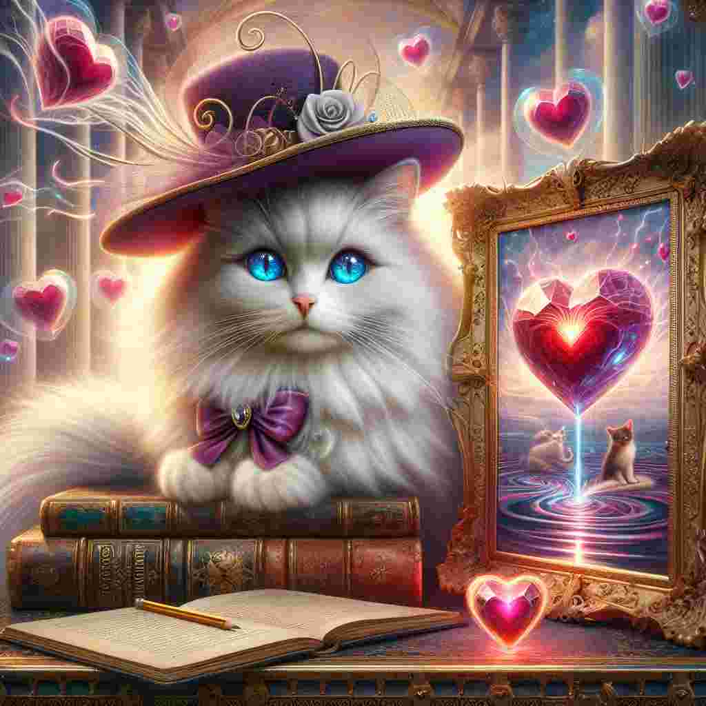 A fluffy white cat with bright blue eyes sits on a stack of ancient, leather-bound books, interestingly looking at the observer. An embellished purple hat is perched whimsically on its head, decorated with an elegant bow and a pulsating heart-shaped ruby that seems to throb with light from within. The background features surreal imagery with floating hearts that pulse with various colors, and the atmosphere is bathed in a soft, ethereal glow. In front of the feline figure is an intricate gold-plated frame, filled with an incomplete illustration of two cats with their tails twisted together, the pencil frozen mid-stroke, suggesting a scene that is coming alive.
Generated with these themes: Fluffy cat , Purple hat , Drawing , and Books .
Made with ❤️ by AI.