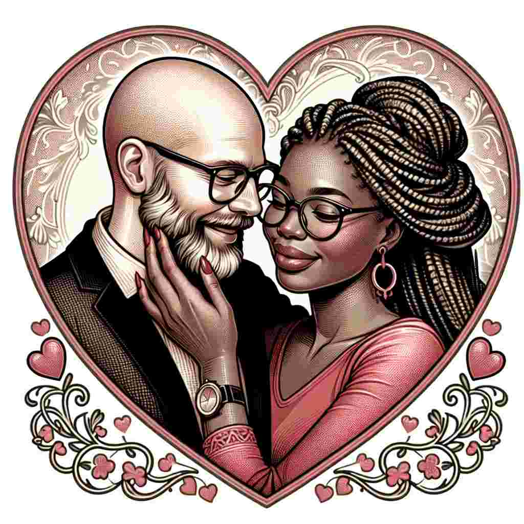 Create a detailed image of a tender and romantic scene for Valentine's Day. Visualize a Caucasian man who is balding and wears glasses, sharing a loving embrace with a Black woman who sports stylish box braids and also wears glasses. Surround them with an ornate and beautifully styled heart shape to underscore the affectionate theme and add a touch of charm to the image.
Generated with these themes: White man with balding head and glasses cuddling black woman with box braids and wearing glasses, and Valentines heart.
Made with ❤️ by AI.