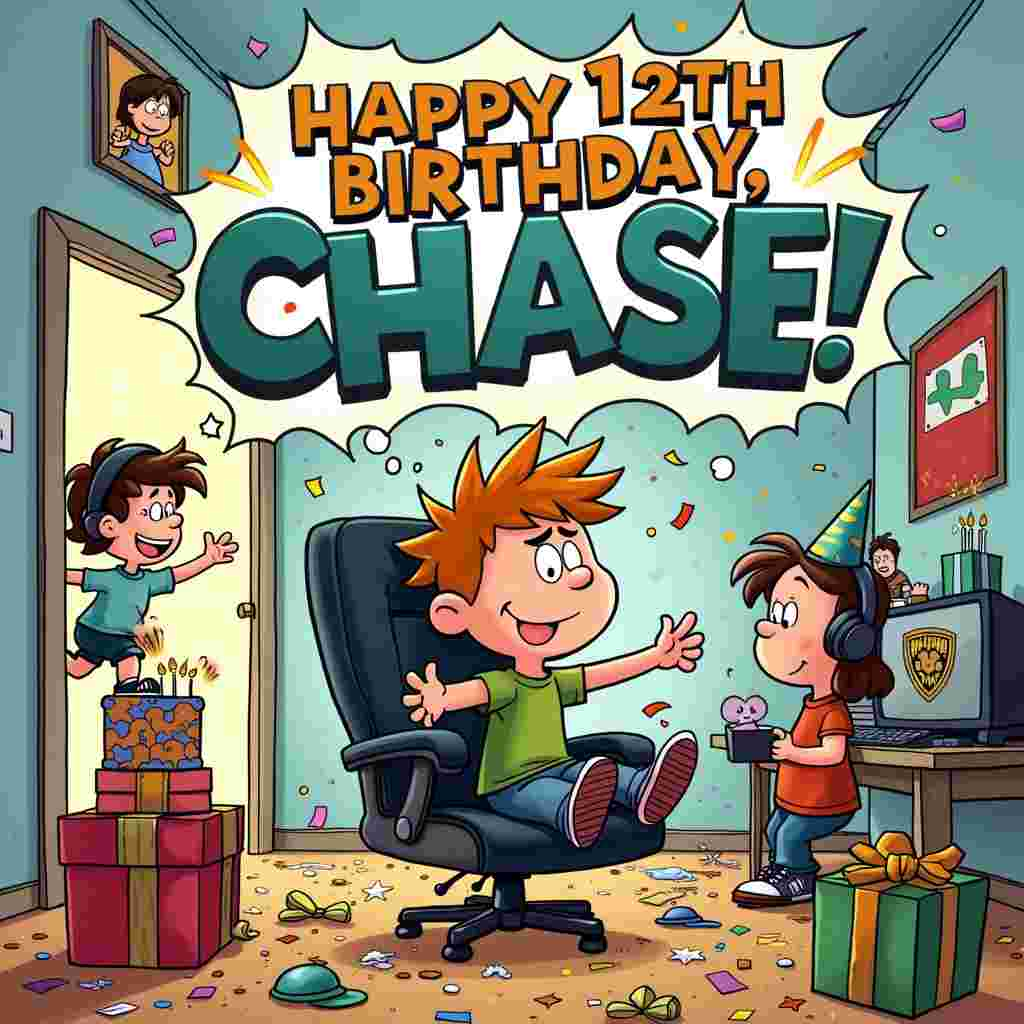 The cover of the birthday card bursts into life with a vibrant and chaotic scene in a style that feels like a mix of Charles Schulz’s charming characters and Bill Watterson's whimsical imagination. The central focus is Chase, an exuberant 12-year-old boy with spiky hair and a wide, mischievous grin. He’s in the midst of an epic Fortnite battle, but with a birthday twist.

Chase is in his bedroom, but it's transformed into a Fortnite battlefield. The walls are decorated with posters of Fortnite characters and scenes, but they are hilariously altered to include birthday elements. A Battle Bus floats above with streamers and balloons trailing from it, and the iconic Fortnite llamas are carrying oversized birthday presents.

Chase is perched on a gaming chair that resembles a throne, with a “12” emblazoned on the back in bold, comic book-style letters. His desk is cluttered with a mix of gaming gear and birthday party supplies—headset, keyboard, mouse, and a half-eaten birthday cake with frosting smears. On the floor, there are open presents and Fortnite-themed action figures engaged in a miniature battle of their own.

Around Chase, his friends (styled similarly to Peanuts characters but with a modern twist) are also part of the scene. They’re either cheering him on or engaged in playful antics. One friend is leaping off a toy ramp like a Fortnite character, another is wearing a birthday hat with a Fortnite skin mask, and a third is trying to balance a stack of gift boxes while giggling.

In the background, Chase’s parents peek in through the door, looking amused and bewildered. Above the whole scene, a bold, comic-style banner stretches across the top of the card, reading “Happy 12th Birthday, Chase!” in playful, exaggerated fonts, with confetti and fireworks exploding around the letters.

Every corner of the card is filled with detailed, humorous elements that nod to Chase’s love for Fortnite and the joy of his 12th birthday, making it a scene that’s both dynamic and endearingly funny.
Generated with these themes: Avid Fortnight player, Funny , Chase is his name , and He’s 12 today .
Made with ❤️ by AI.