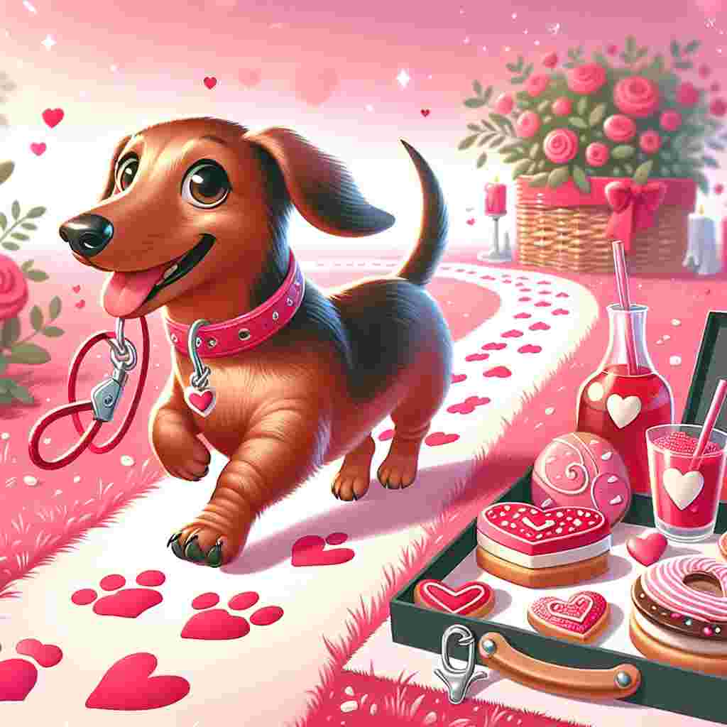 Create a heartwarming Valentine's Day-themed illustration. The focus of the image is a charming dachshund prancing along a path, with a leash held in its mouth – a clear sign of its eagerness for a walk. The background comprises a pink and red theme, showcasing a trail of paw prints that lead to a picnic setup. This setup should feature an assortment of Valentine’s Day treats such as cute cupcakes and heart-shaped cookies scattered around. The romantic atmosphere is accentuated by these treats, left to be enjoyed by the implied couple who are just out of frame.
Generated with these themes: Dacschound, Food, and Walking.
Made with ❤️ by AI.