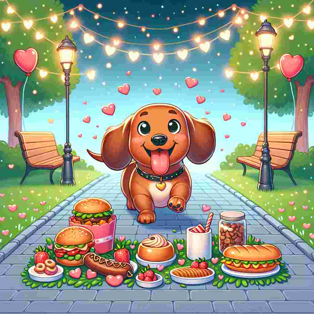 Create a cute illustration for Valentine's Day featuring an adorable dachshund in the middle of a food-specific adventure. This joyful puppy, with its tail wagging joyfully, is tottering down a paved pathway flanked by tiny lights and heart-shaped balloons. The setting is a whimsical park where the dachshund has fortuitously discovered an abundance of gourmet, dog-friendly food. The food is arranged under a canopy of twinkling string lights which enhance the relaxed atmosphere, suitable for a Valentine's evening stroll.
Generated with these themes: Dacschound, Food, and Walking.
Made with ❤️ by AI.
