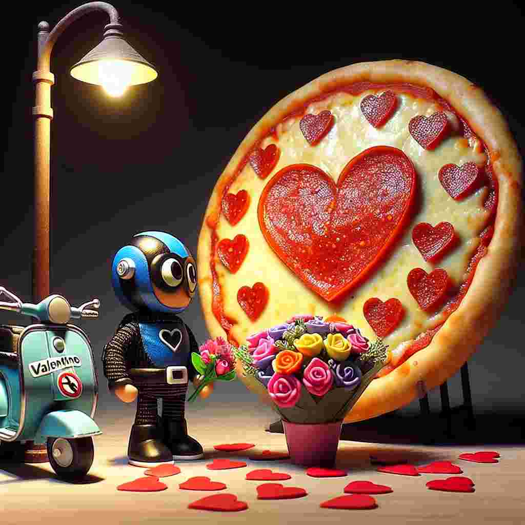 In this fanciful representation of Valentine's Day, a pizza adorned with pepperoni hearts illumines under the mellow radiance of a streetlight. Beside it, stands a quirky and lovable cartoon superhero wearing a masked costume in black and blue, smitten by love, waiting with a bouquet of colorful flowers. His trusted machinelike two-wheeler, decorated with Valentine-themed stickers, is parked close by, bringing this one-of-a-kind romantic tableau to life.
Generated with these themes: Pizza, Batman, and Motorbikes.
Made with ❤️ by AI.