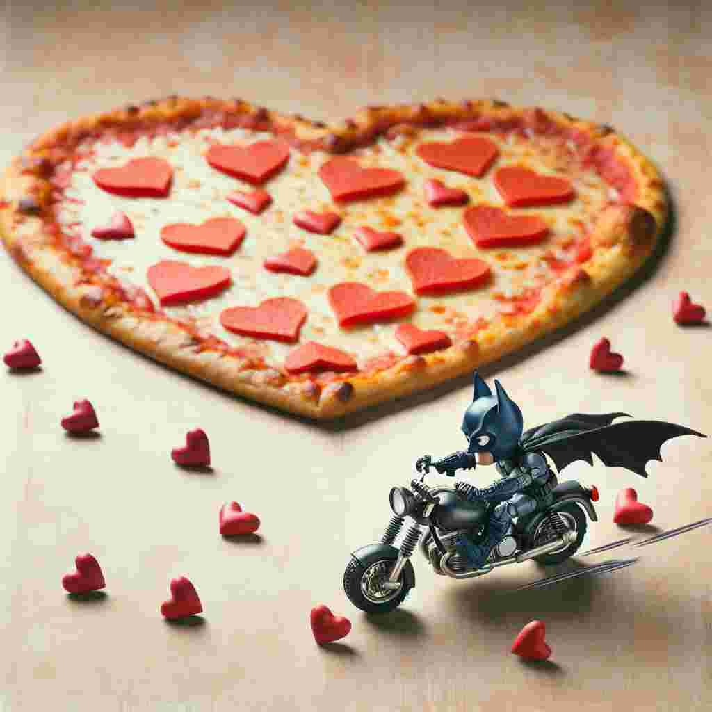 A whimsical Valentine's Day scene unfolds with a heart-shaped pizza taking center stage. An animated superhero with a dark costume and exaggerated cartoon eyes rides a miniature motorbike circling the pizza. His character subtly suggests the known figure of a nocturnal, bat-inspired hero. The bike leaves a trail of tiny hearts in the air, adding a sweet touch to this quirky celebration of love.
Generated with these themes: Pizza, Batman, and Motorbikes.
Made with ❤️ by AI.