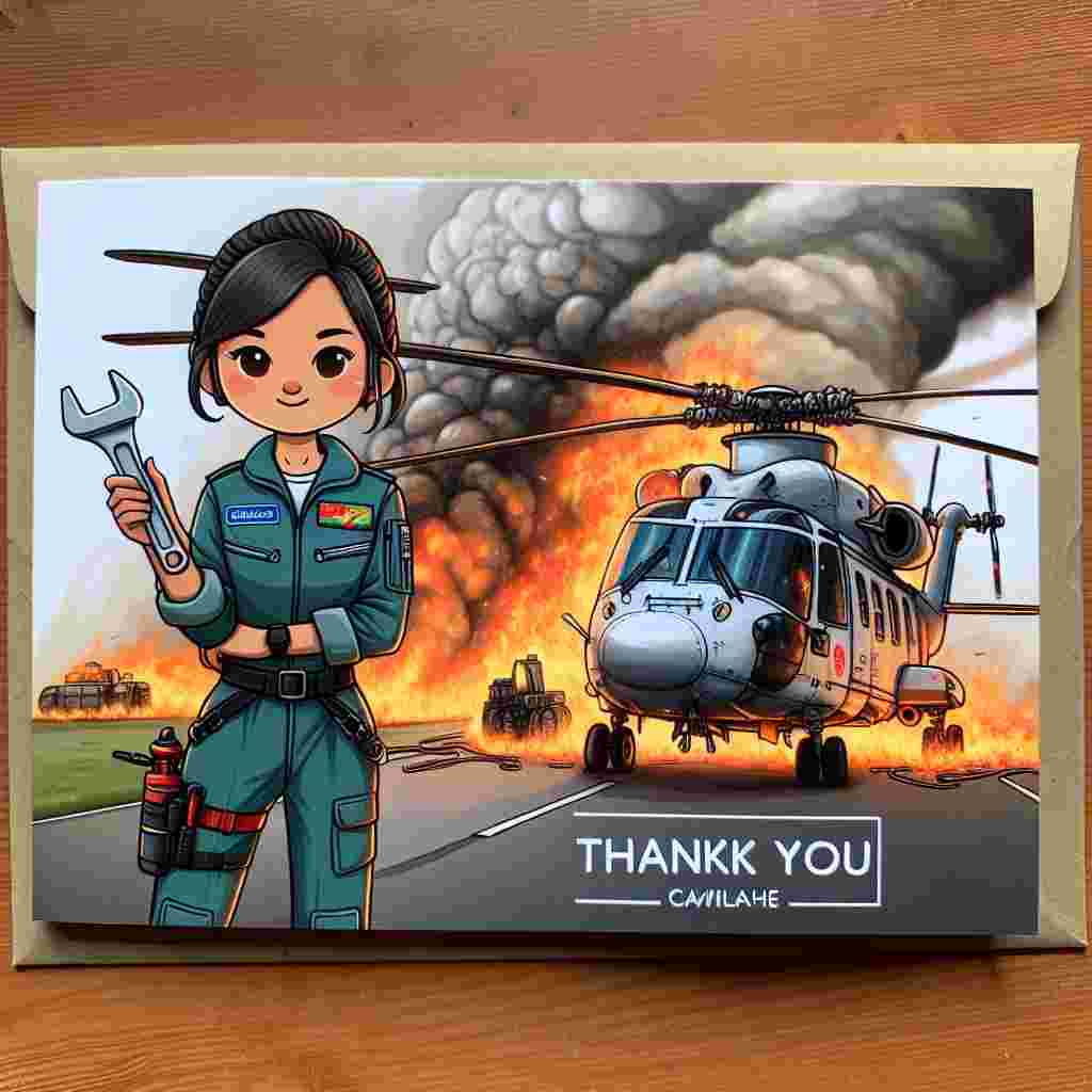 Design a 'Cute Realistic' thank you card. The card showcases an affectionately drawn image of a South Asian female aircraft engineer from Wales, confidently holding a spanner in her hand. She stands boldly against a roaring helicopter engulfed in flames. The backdrop reveals rising smoke and intense flames, creating an atmospheric scene. The calm and assured demeanor of the engineer offers a delightful contrast against the intense setting, symbolizing the resilience of everyday heroes in the aviation maintenance industry.
Generated with these themes: a welsh aircraft engineer with a spanner in hand stood in front of a helicopter on fire.
Made with ❤️ by AI.