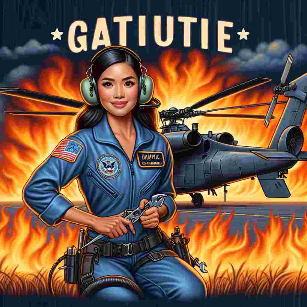 Create an image for a 'Cute Realistic' gratitude card. It should have a fine-detailed depiction of a Hispanic female aircraft engineer, tool in hand, posed against the vibrant and tense scene of a helicopter surrounded by flames. The poised and calm engineer contrasts with the burning helicopter behind her. This unique yet respectful representation praises unacknowledged professionals in the field of aeronautics.
Generated with these themes: a welsh aircraft engineer with a spanner in hand stood in front of a helicopter on fire.
Made with ❤️ by AI.