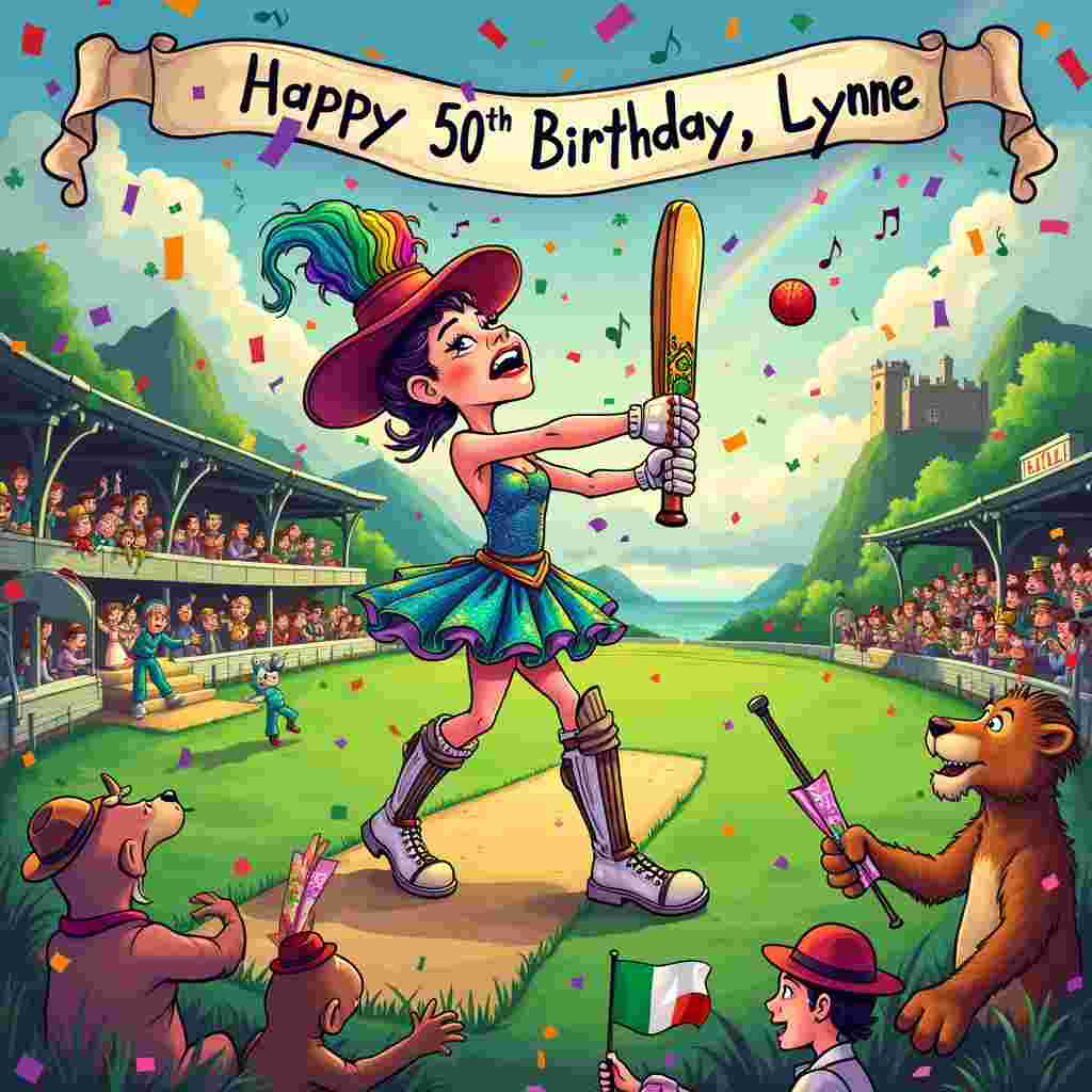 The front cover of the birthday greeting card bursts to life with a vivid, cartoonish scene set on a sprawling, emerald-green cricket field in the heart of Ireland. At the center of the action is Lynne, joyfully animated and full of zest, celebrating her 50th birthday. She is dressed as a musical theater diva, complete with a flamboyant feathered hat and a sparkling, sequined gown in vibrant rainbow colors. Lynne is mid-swing with a cricket bat that is humorously shaped like a saxophone, poised to hit a glittering, colorful cricket ball.

Surrounding Lynne, the cartoon cricket players are a quirky mix of famous musical characters – think Phantom of the Opera with a cricket helmet, Dorothy from The Wizard of Oz wearing cricket pads, and Simba from The Lion King in full cricket gear. The stands are filled with cheerful spectators, who are a blend of leprechauns and musical icons like Mary Poppins and the entire cast of Les Misérables, waving Irish flags and musical notes instead of standard pennants.

In the background, iconic Irish landmarks such as the Cliffs of Moher and a whimsical, slightly exaggerated Blarney Castle rise up, with a rainbow arching across the sky. A vibrant explosion of colorful confetti rains down, blending seamlessly with the natural beauty of the scene. Above the action, a banner made of intertwined saxophones and cricket bats spells out “Happy 50th Birthday, Lynne!” in a cheerful, playful font.

The edges of the scene are decorated with musical notes, shamrocks, and cricket balls, all swirling together in a lively border that captures the essence of the celebration. Every element is drawn with a mix of humor and affection, reminiscent of the quirky genius found in the works of Charles Schulz, Bill Watterson, and Gary Larson, combining the whimsy of Peanuts with the vibrant chaos of Calvin and Hobbes and The Far Side’s imaginative twists.
Generated with these themes: Musicals, Cricket,  Ireland , Colour, Saxophone, 50th birthday, and Lynne.
Made with ❤️ by AI.