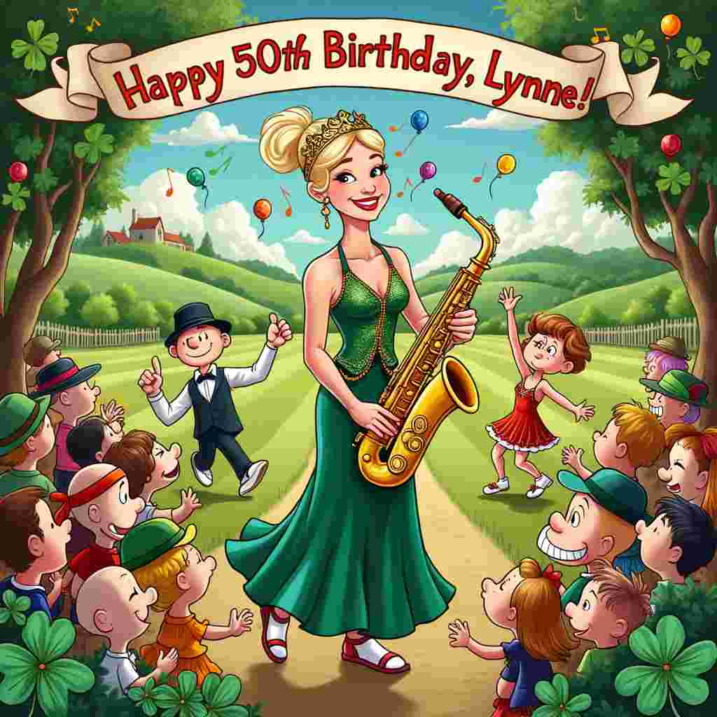 On the front cover of Lynne's 50th birthday card, a vibrant, cartoonish scene bursts to life. Picture a lively cricket pitch set against the lush, rolling hills of the Irish countryside, detailed with charming stone fences and a distant view of a quaint village. The sky is painted in a rainbow gradient, signifying the theme of color.

At the center of the scene, a cricket match is in full swing, but with a twist— all the players are quirky characters dressed in elaborate musical theater costumes. The bowler is dressed as the Phantom of the Opera, complete with a half-mask and flowing cape. The batsman is garbed in a dazzling sequined outfit reminiscent of a Broadway star. On the sideline, a troupe of tap-dancing fielders in classic 1920s flapper dresses awaits their turn to shine.

Among the players, Lynne stands prominently, holding a saxophone instead of a cricket bat. She’s dressed in a sparkling emerald-green gown, symbolizing Ireland, and wears a golden tiara with a large "50" emblem on it. The saxophone gleams with ornate Celtic designs, and musical notes float whimsically from its bell, transforming into tiny leprechauns dancing in mid-air.

Behind the players, a grandstand teems with jubilant cartoon spectators, each character inspired by different styles of animation. Peanuts-style characters cheer next to Disney-inspired mice, while Calvin and Hobbes-type children wave flags and munch on popcorn. A large banner stretched across the grandstand reads, “Happy 50th Birthday, Lynne!” in colorful, bold letters.

Adding to the spectacle, a parade of vividly colored balloons floats above the scene, each balloon emblazoned with a musical instrument. Near the edge of the pitch, a whimsical leprechaun dressed like a cricket umpire raises his finger, signaling a dramatic out.

The whole scene is encapsulated in an ornate comic book-style frame, with playful details like shamrocks, musical notes, and cricket balls interwoven around the edges, all coming together to tell a whimsical, vibrant, and richly detailed story for Lynne's 50th birthday celebration.
Generated with these themes: Musicals, Cricket,  Ireland , Colour, Saxophone, 50th birthday, and Lynne.
Made with ❤️ by AI.