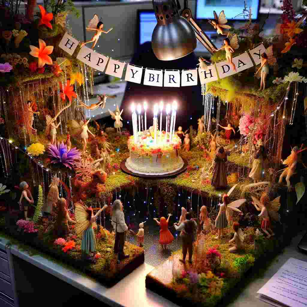 An enchanting scene with a fantasy twist, depicting a colleague's desk magically transformed into a birthday celebration, complete with miniature fairy-like creatures holding up a banner that reads 'Happy Birthday.' The surroundings burst with floral decorations, twinkling lights, and a small, intricately designed cake at the center.
Generated with these themes:   for colleague.
Made with ❤️ by AI.
