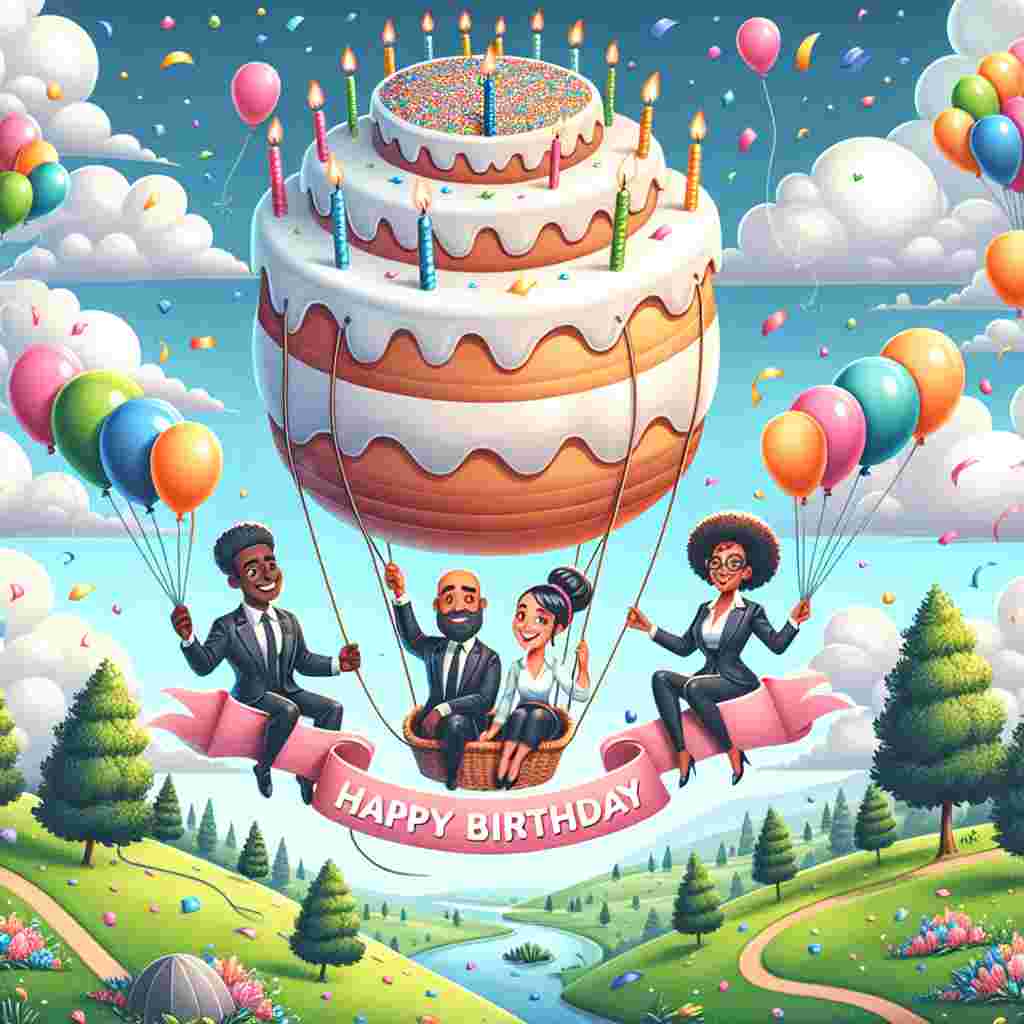 A playful cartoon-style drawing capturing colleagues piloting a hot-air balloon shaped like a giant birthday cake, floating above a landscape dotted with confetti and balloon bouquets. On the balloon-cake, a banner unfurls with the joyful proclamation 'Happy Birthday' in bold, friendly font.
Generated with these themes:   for colleague.
Made with ❤️ by AI.