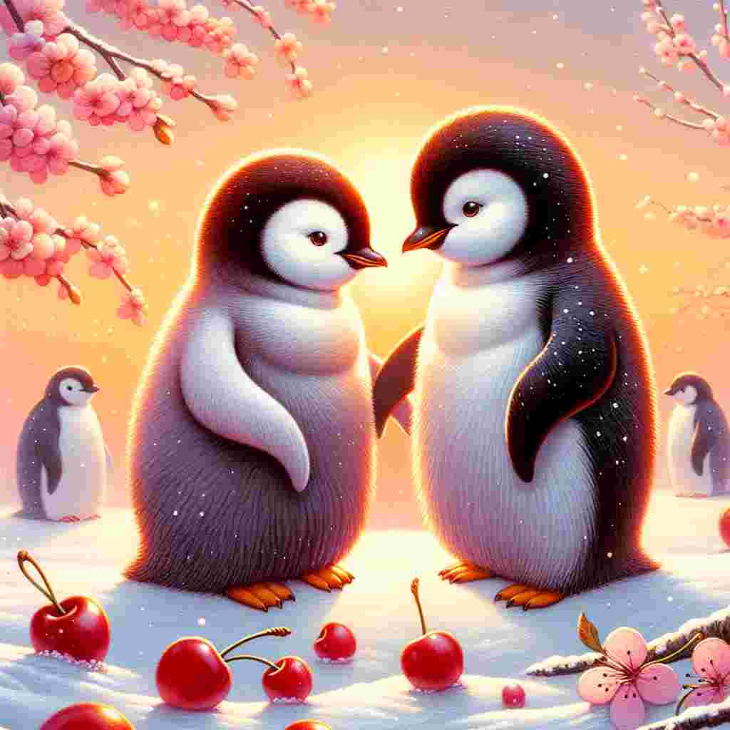 Imagine a heartwarming scene involving two penguins standing on a soft, snow-covered landscape. They are intimately holding each other's flippers – a powerful symbol of their bond. Their eyes lock, radiating warmth and love. The background is colored in warm shades of orange, evocative of a gentle sunset and imparting subtle nuances of love's blush. Scattered around them are an array of cherries, which add a vivid touch to the setting, and cherry blossom trees come into view, their delicate flowers lending a romantic vibe to this charming Valentine's Day scenario.
Generated with these themes: Penguins, Cherrys, and Colour orange.
Made with ❤️ by AI.